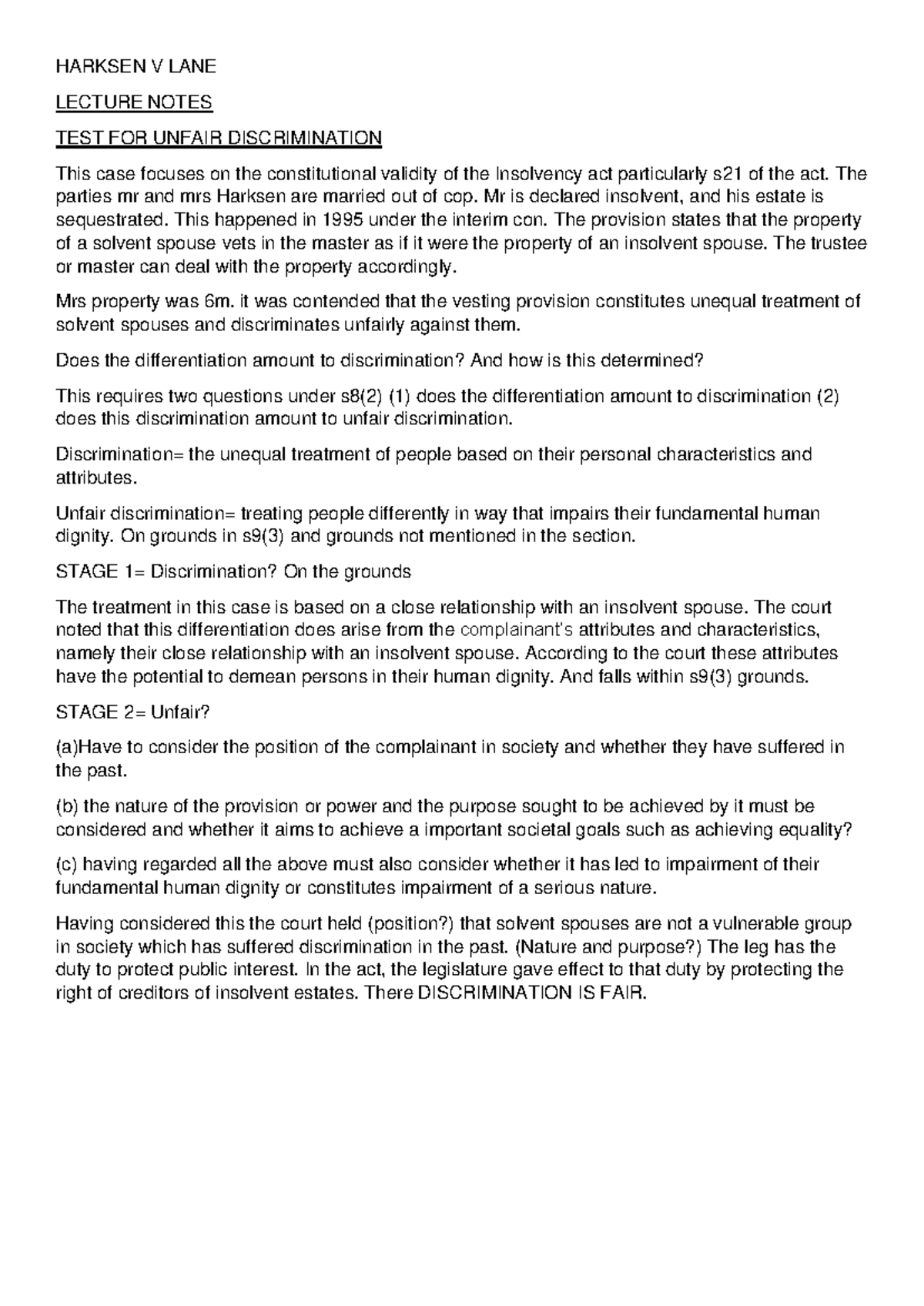 Harksen v Lane: Lecture Notes on Unfair Discrimination Analysis - Studocu