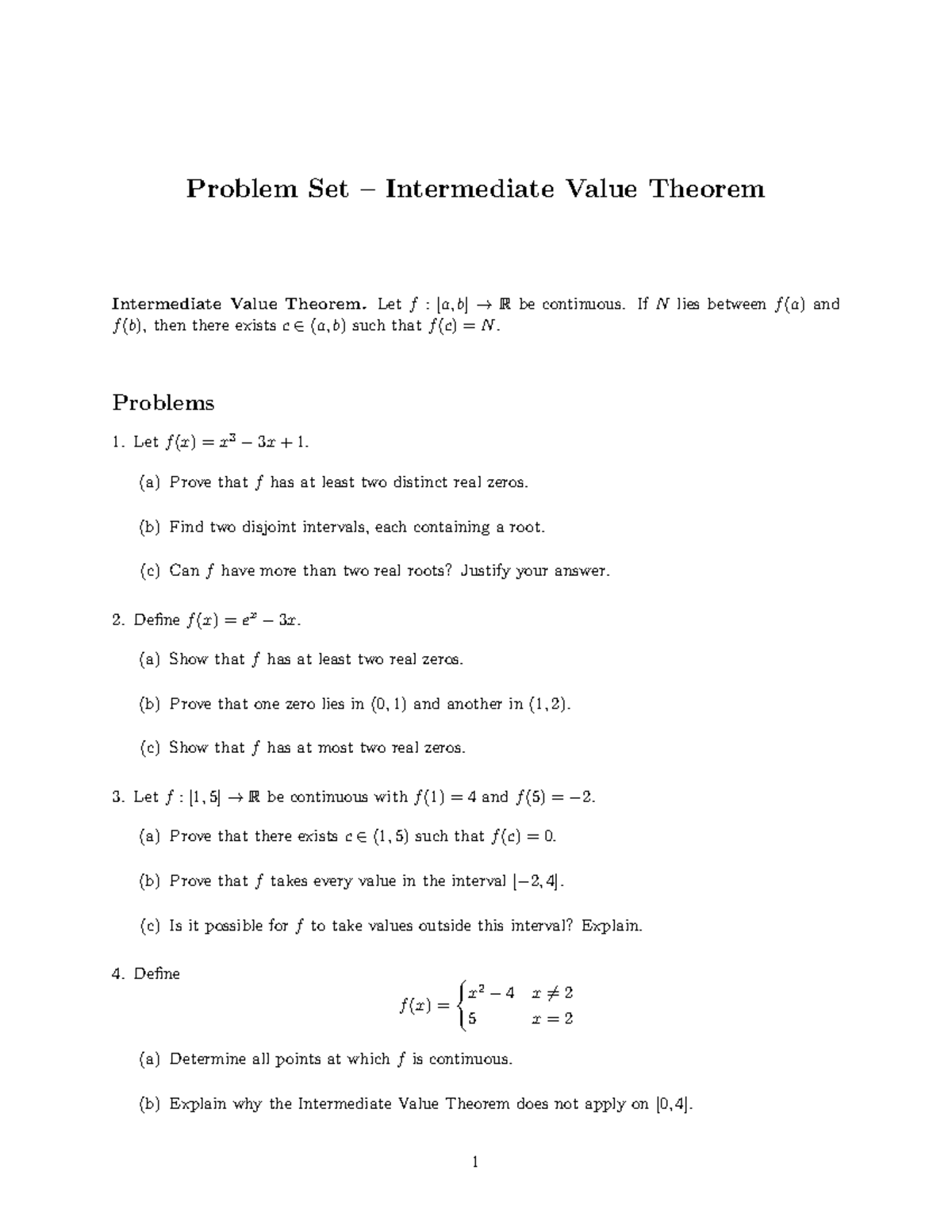 Intermediate Value Theorem Problem Set (IVT) - Studocu