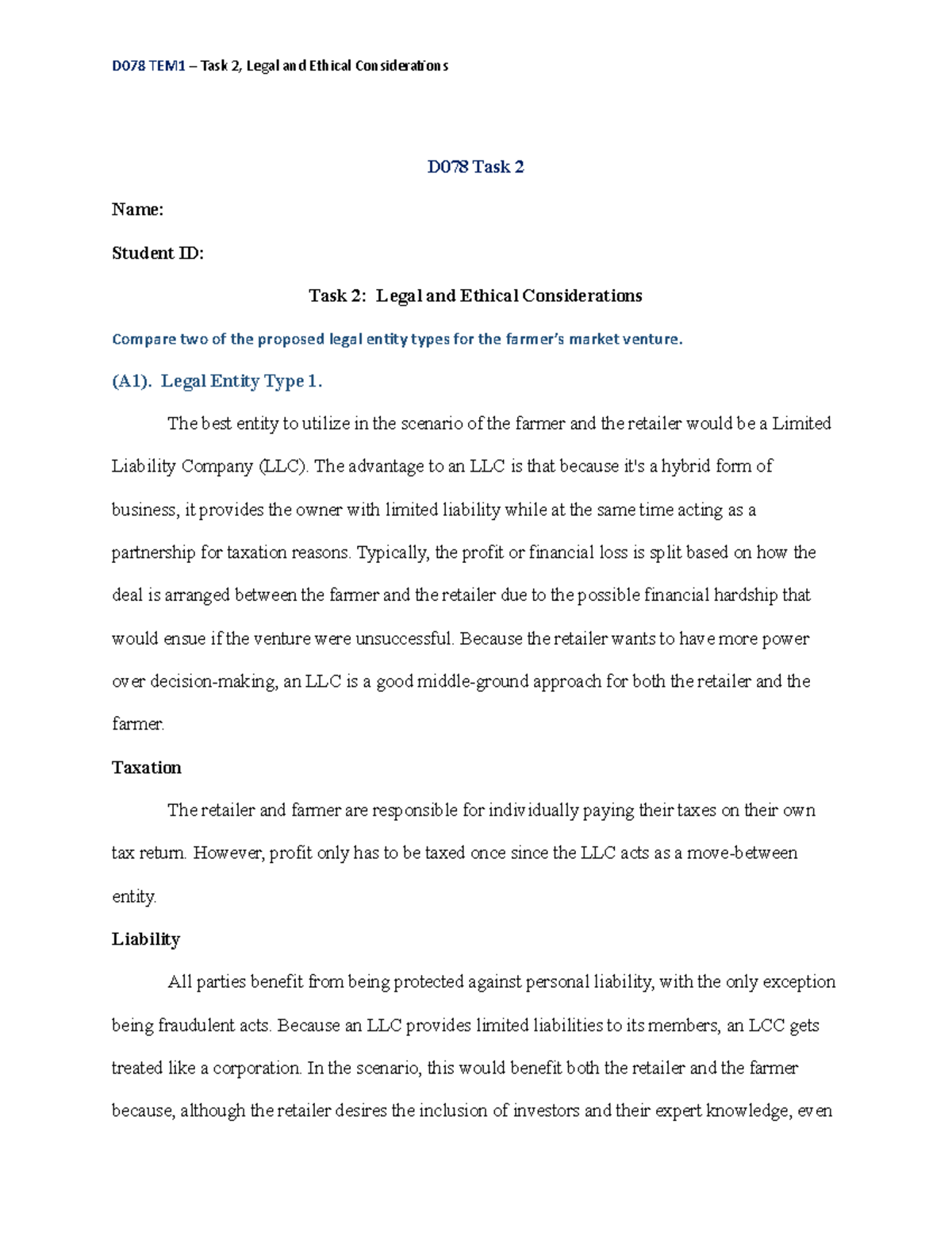 D078 - TEM1 Task 2: Legal and Ethical Considerations in Business - Studocu