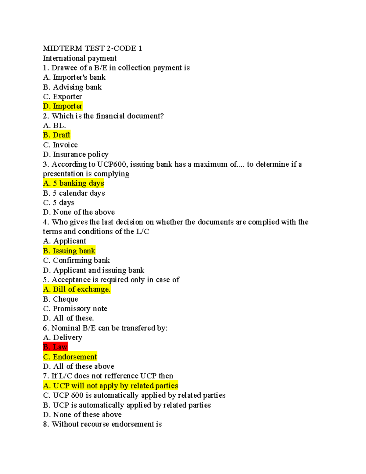 MIDTERM TEST 1 - International Payment Concepts and Questions - Studocu