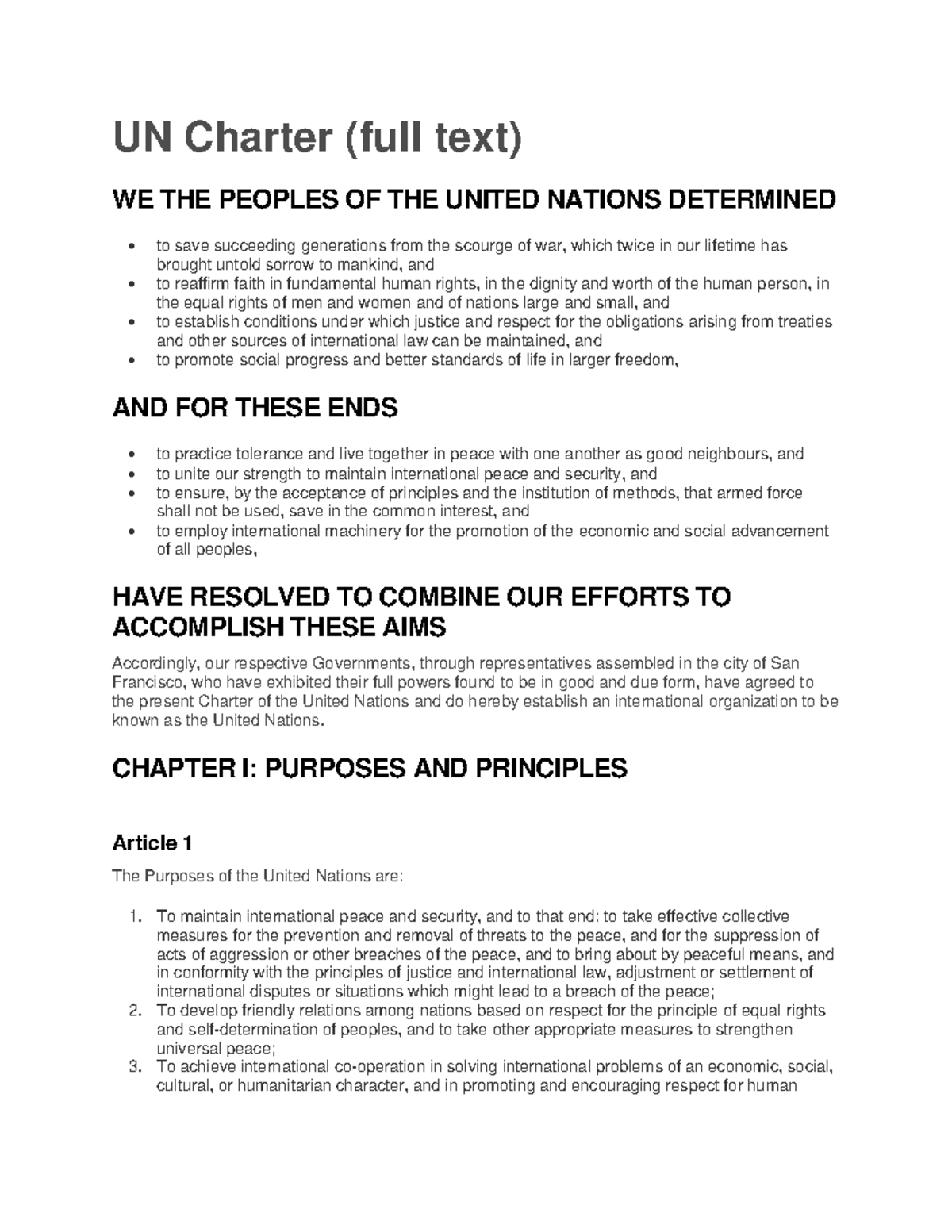 UN Charter: Full Text and Key Principles Overview - Studocu