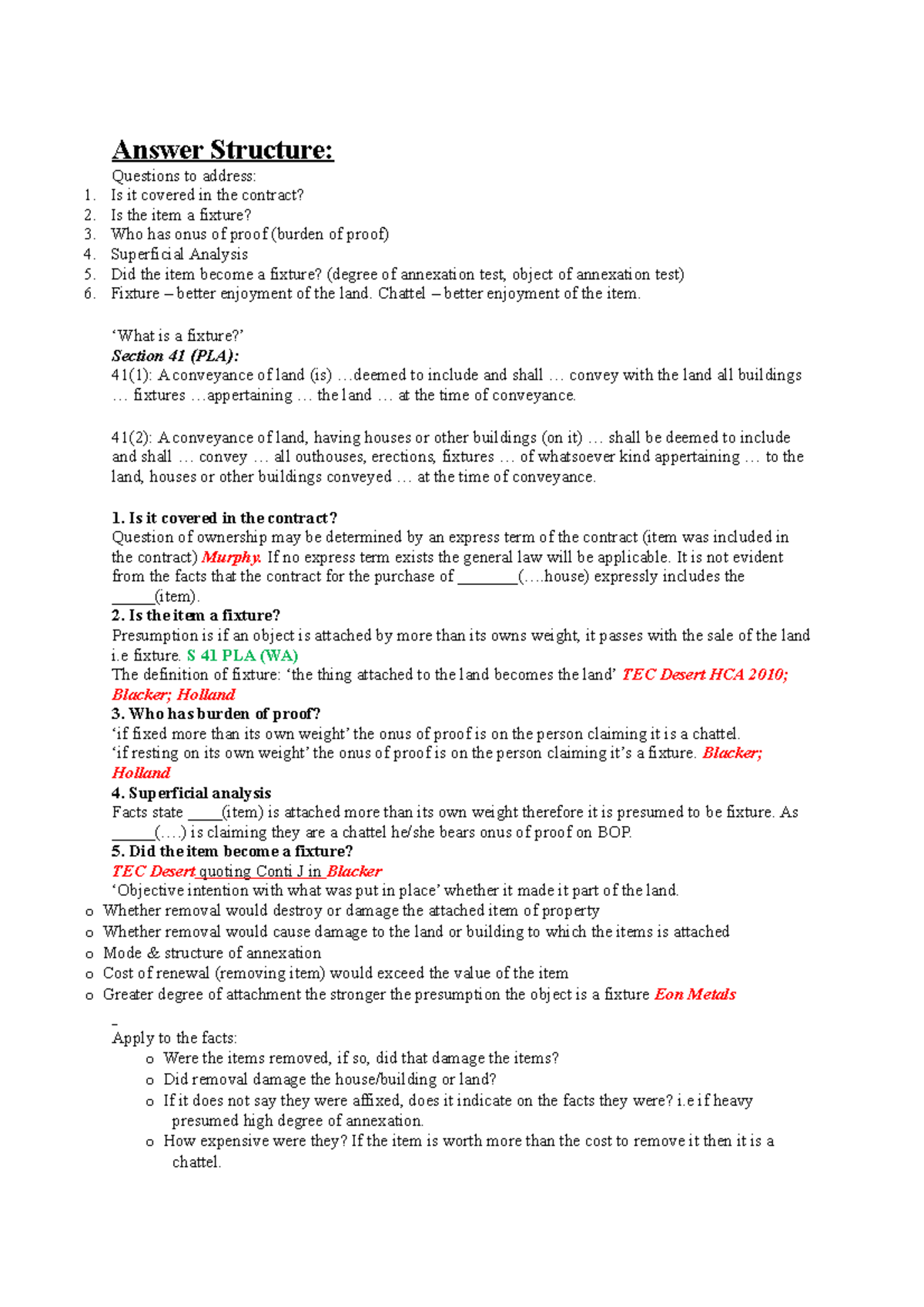 Fixtures answer plan - Answer Structure: Questions to address: 1. Is it ...