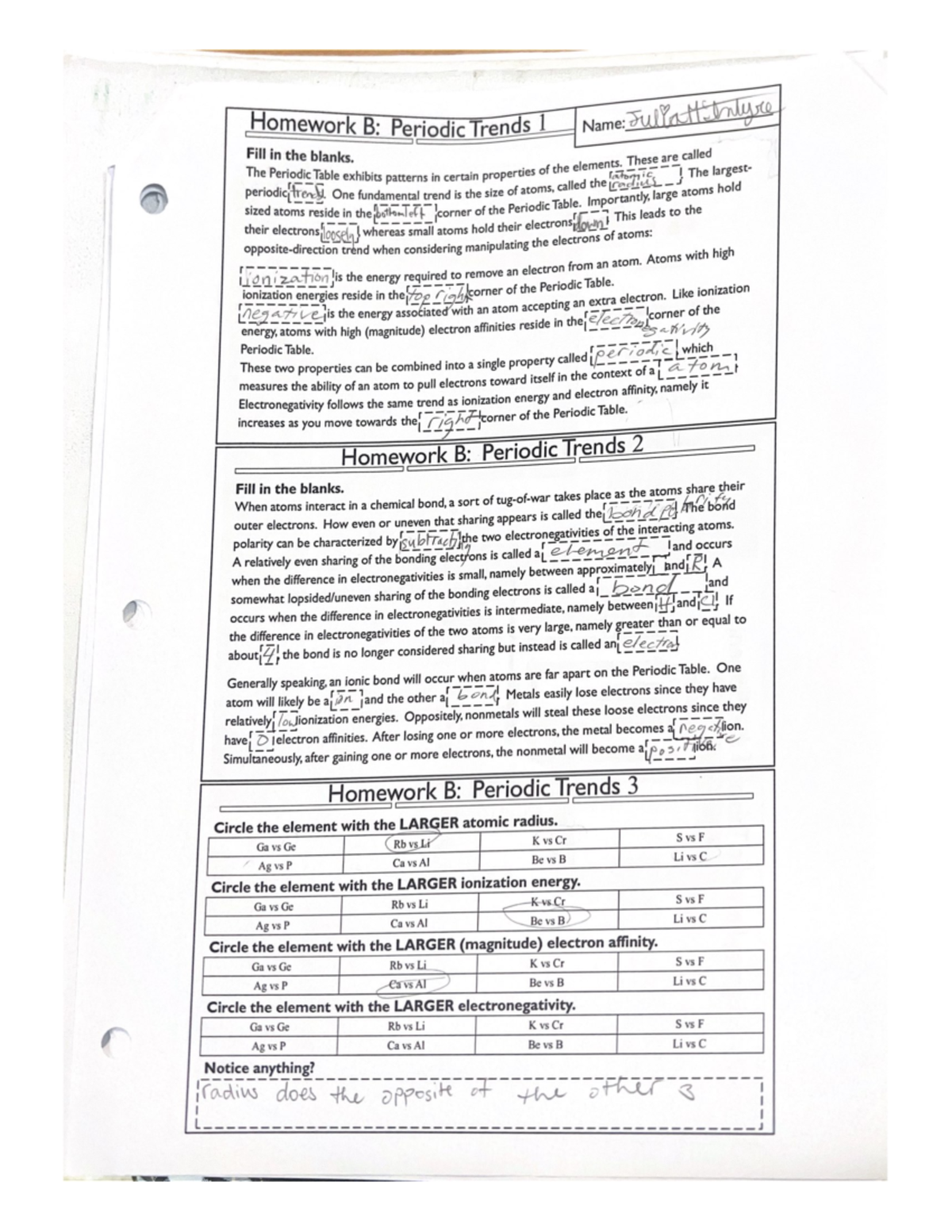 Homework B Periodic Trends 1 - The Periodic Table exhibits patterns in ...