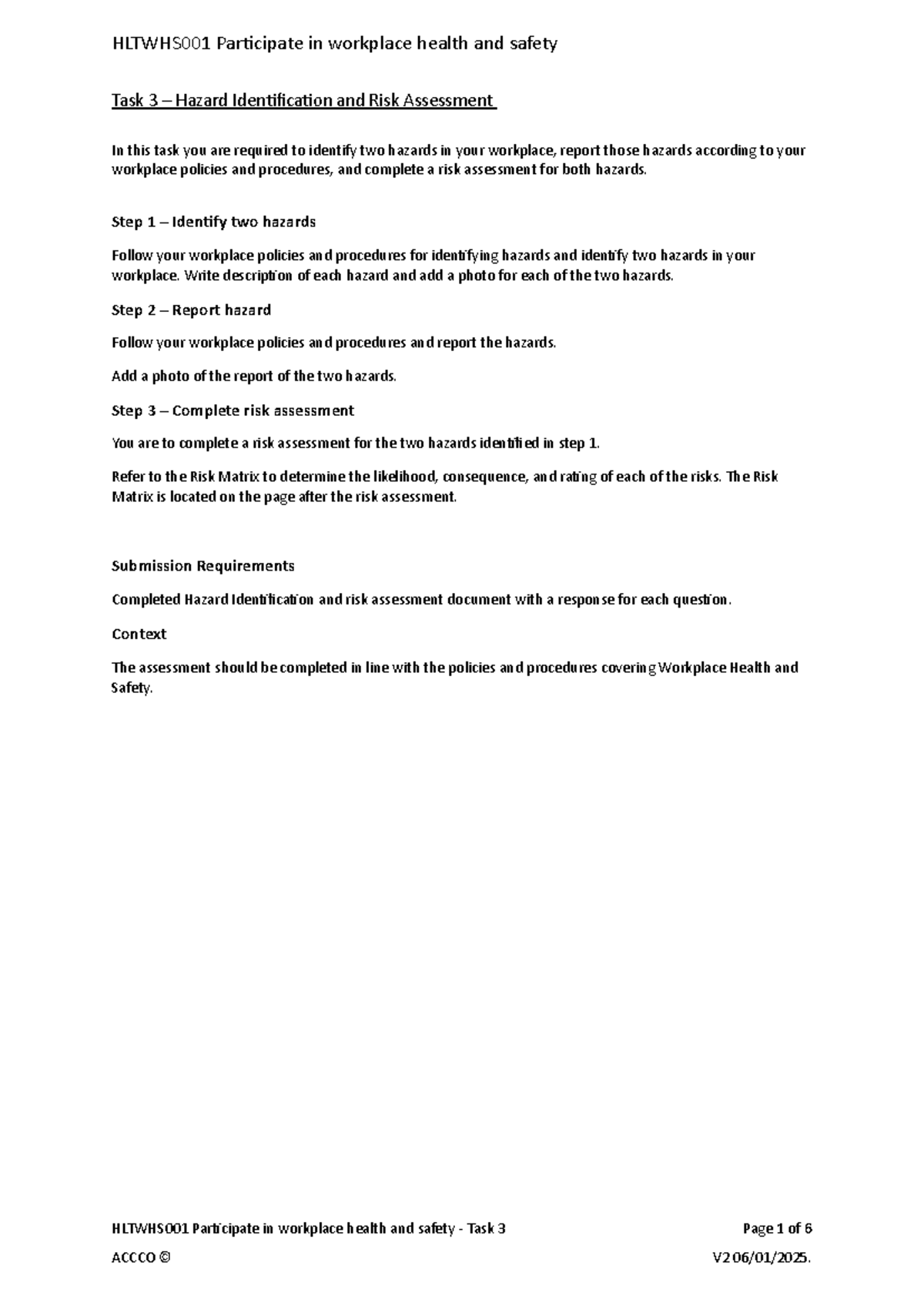 HLTWHS001 Task 3: Hazard Identification & Risk Assessment Guide - Studocu
