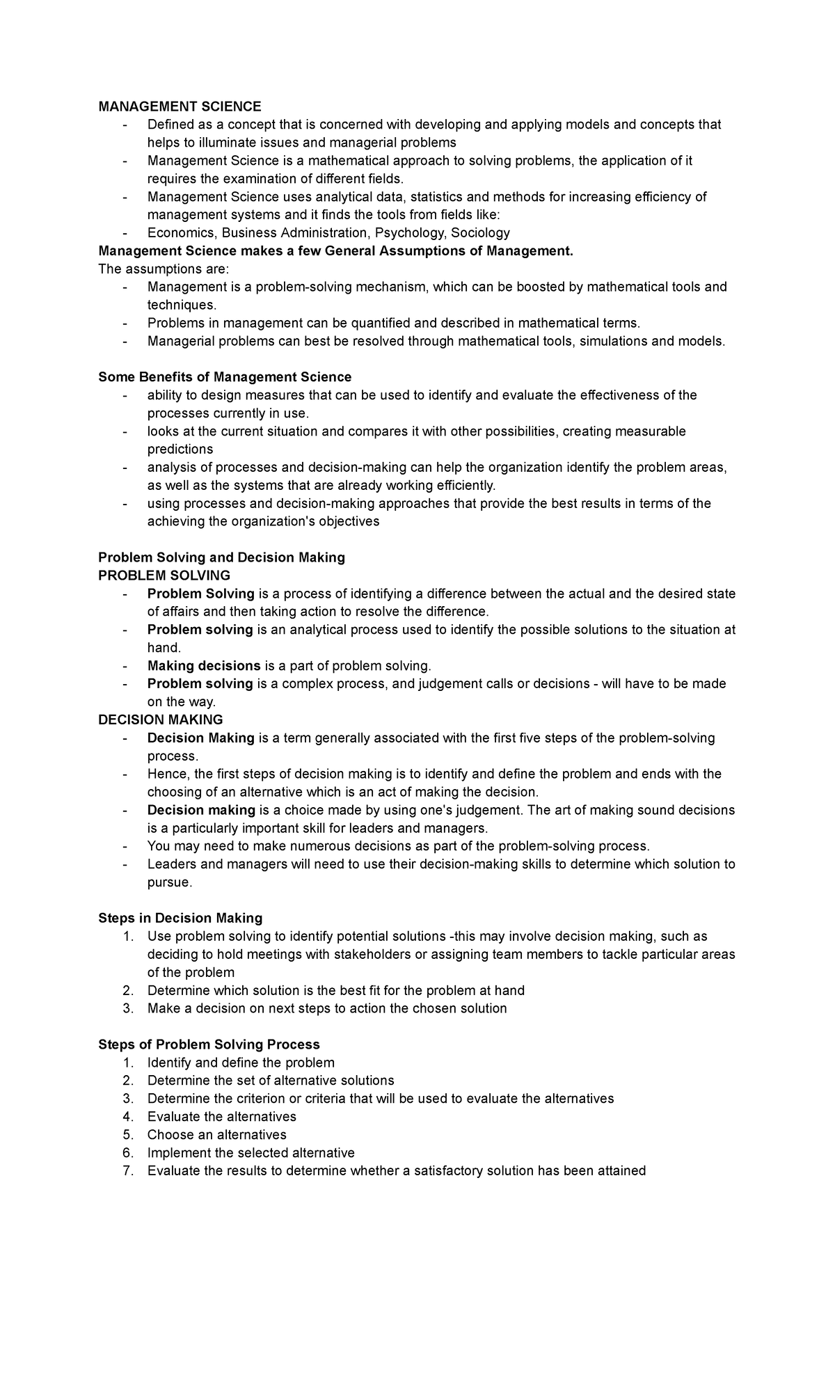 Mansci-3: Comprehensive Overview of Management Science Concepts - Studocu