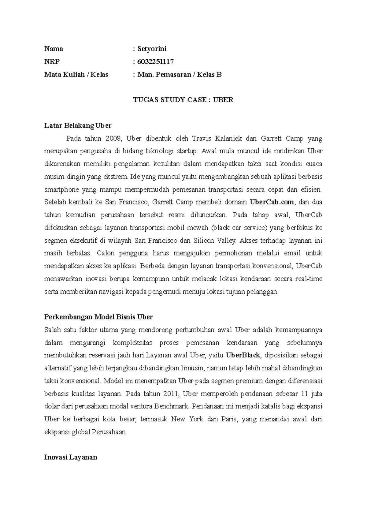 TUGAS STUDY CASE: ANALISIS MODEL BISNIS UBER (MAN. PEMASARAN KELAS B ...
