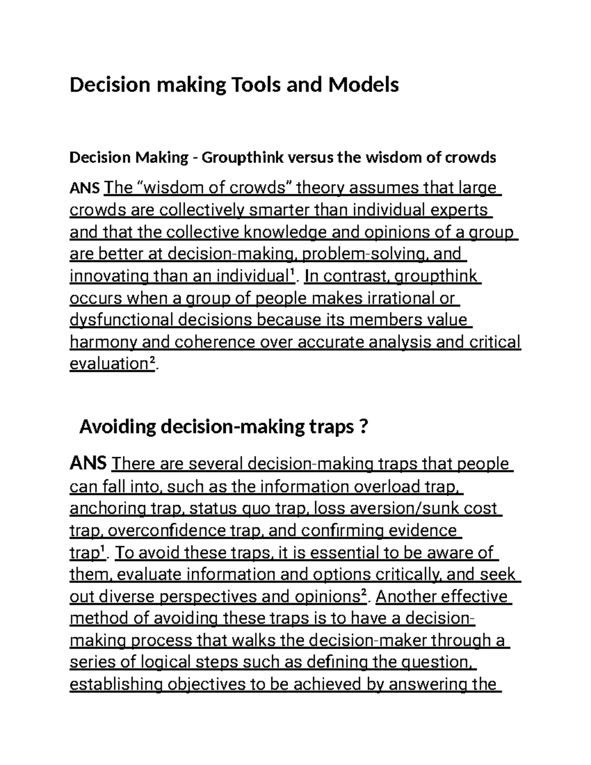 Notes OF Decision making UNIT 2 - Decision making Tools and Models ...