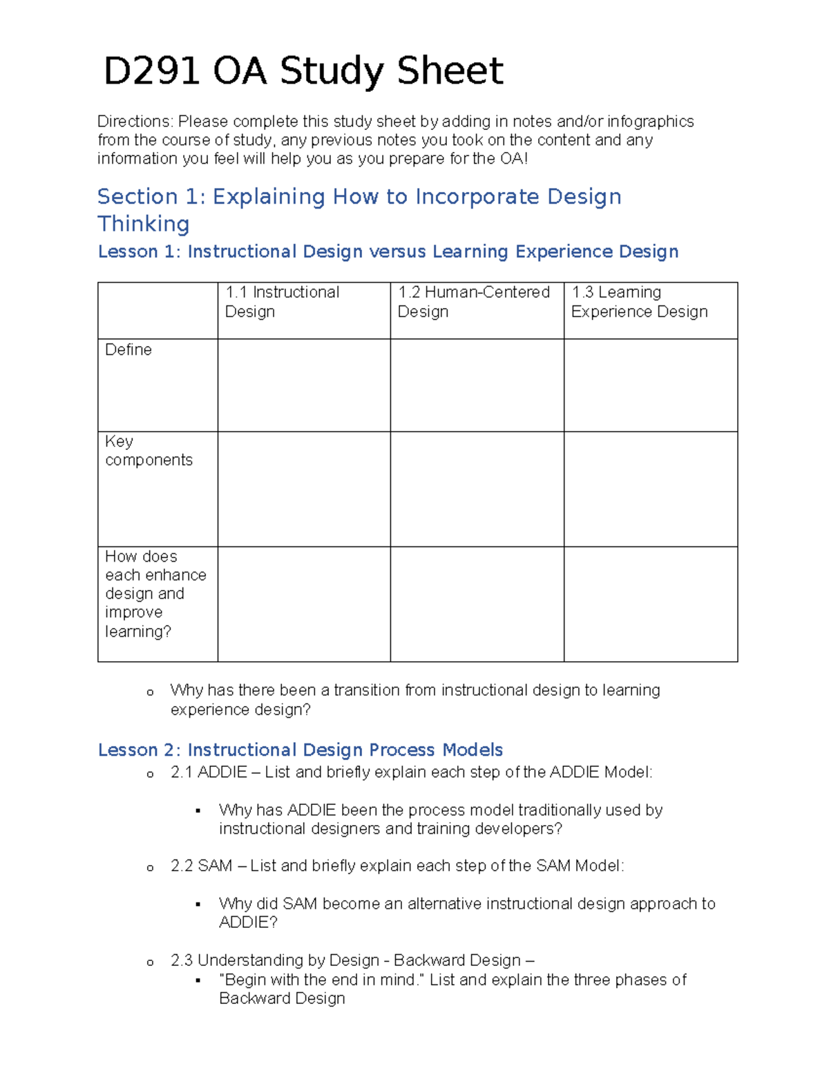 D291 OA Final Exam Study Sheet on Design Thinking and Learning ...