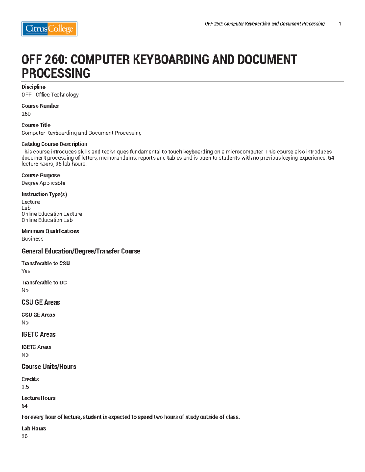 OFF260 - Computer Keyboarding and Document Processing Syllabus - Studocu
