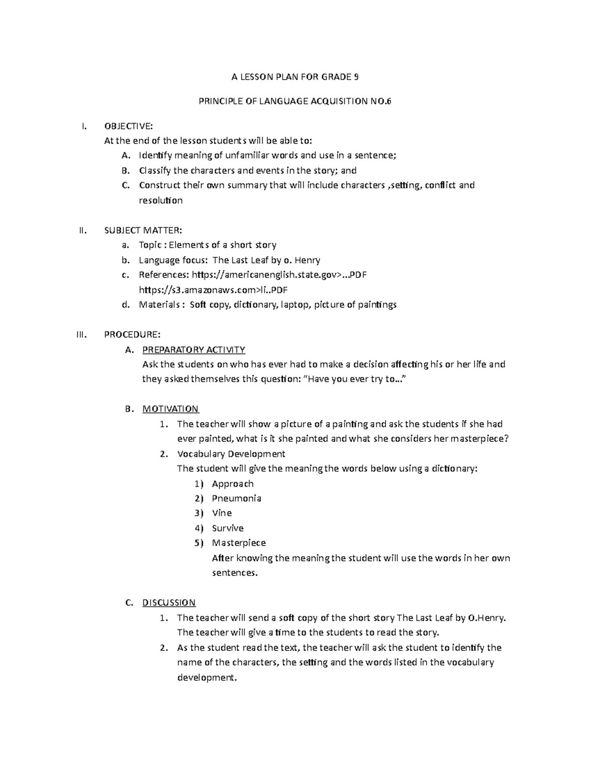 Grade 9 Lesson Plan: Elements of a Short Story & "The Last Leaf" - Studocu