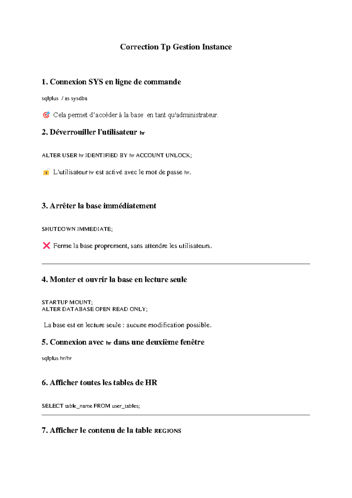 Correction TP Gestion Instances 1: Connexion et Commandes SQL - Studocu