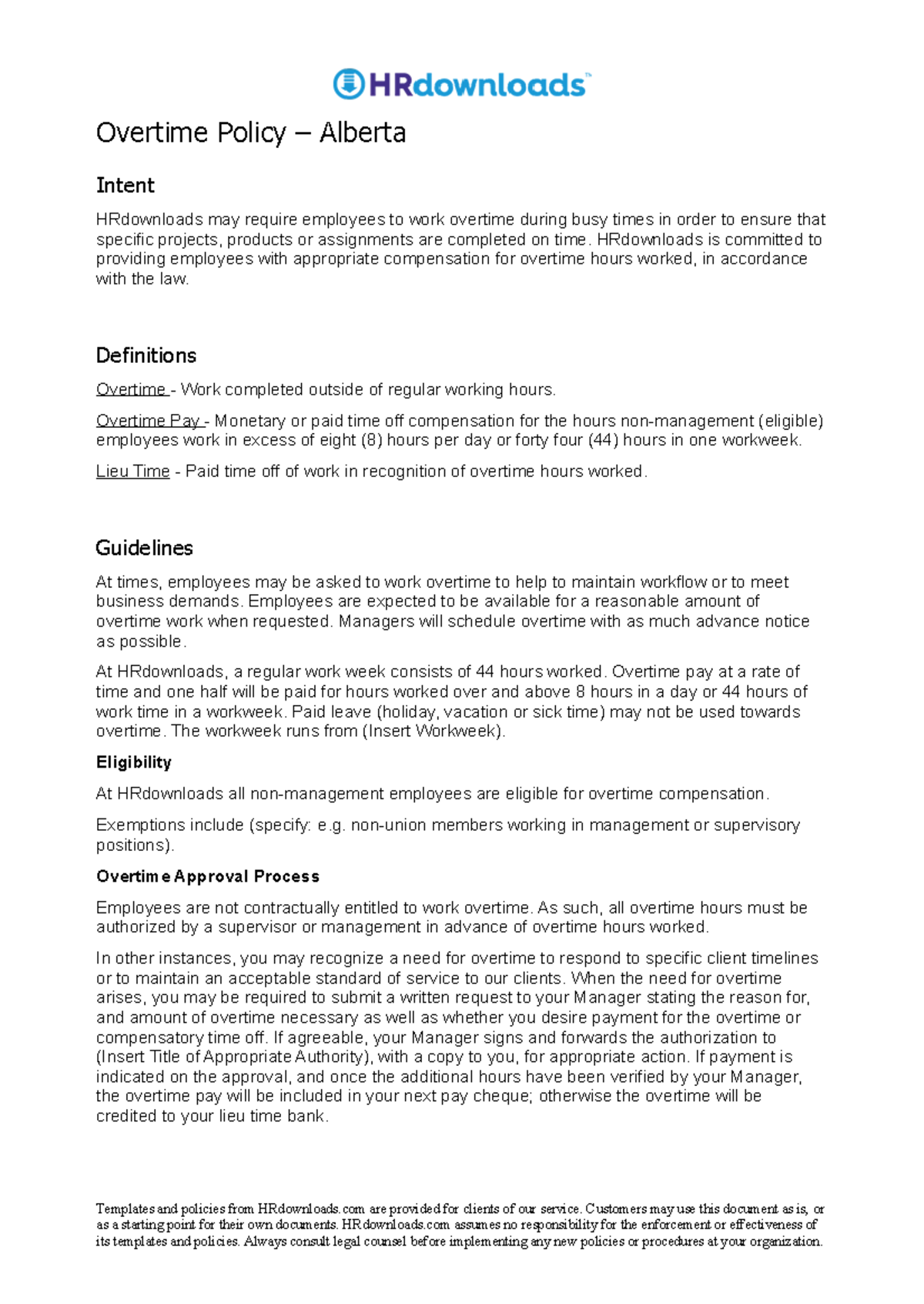 Overtime Policy Overview - Alberta HRdownloads Guidelines - Studocu