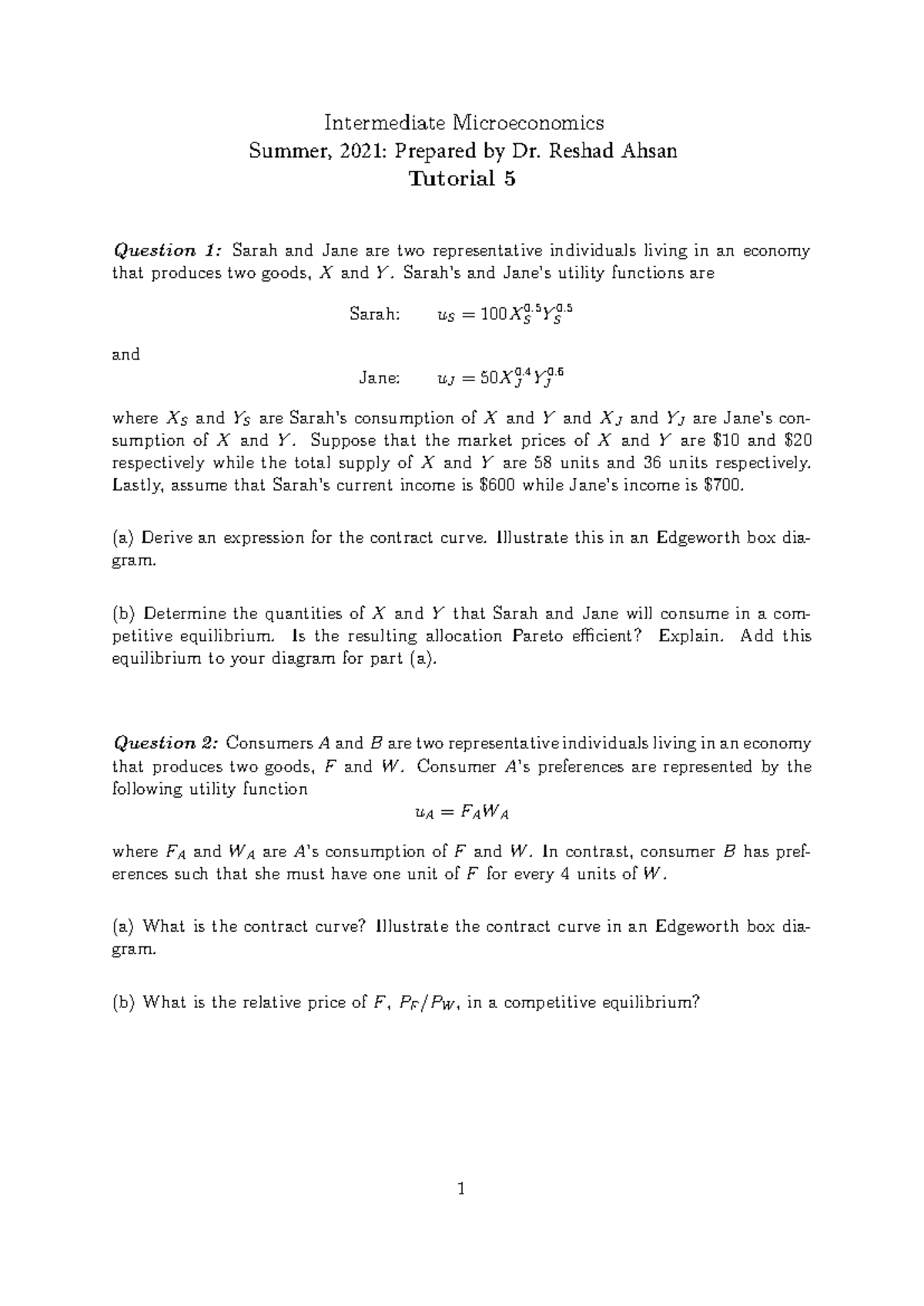 Questions 05 - week 5 In-tute - Intermediate Microeconomics Summer ...