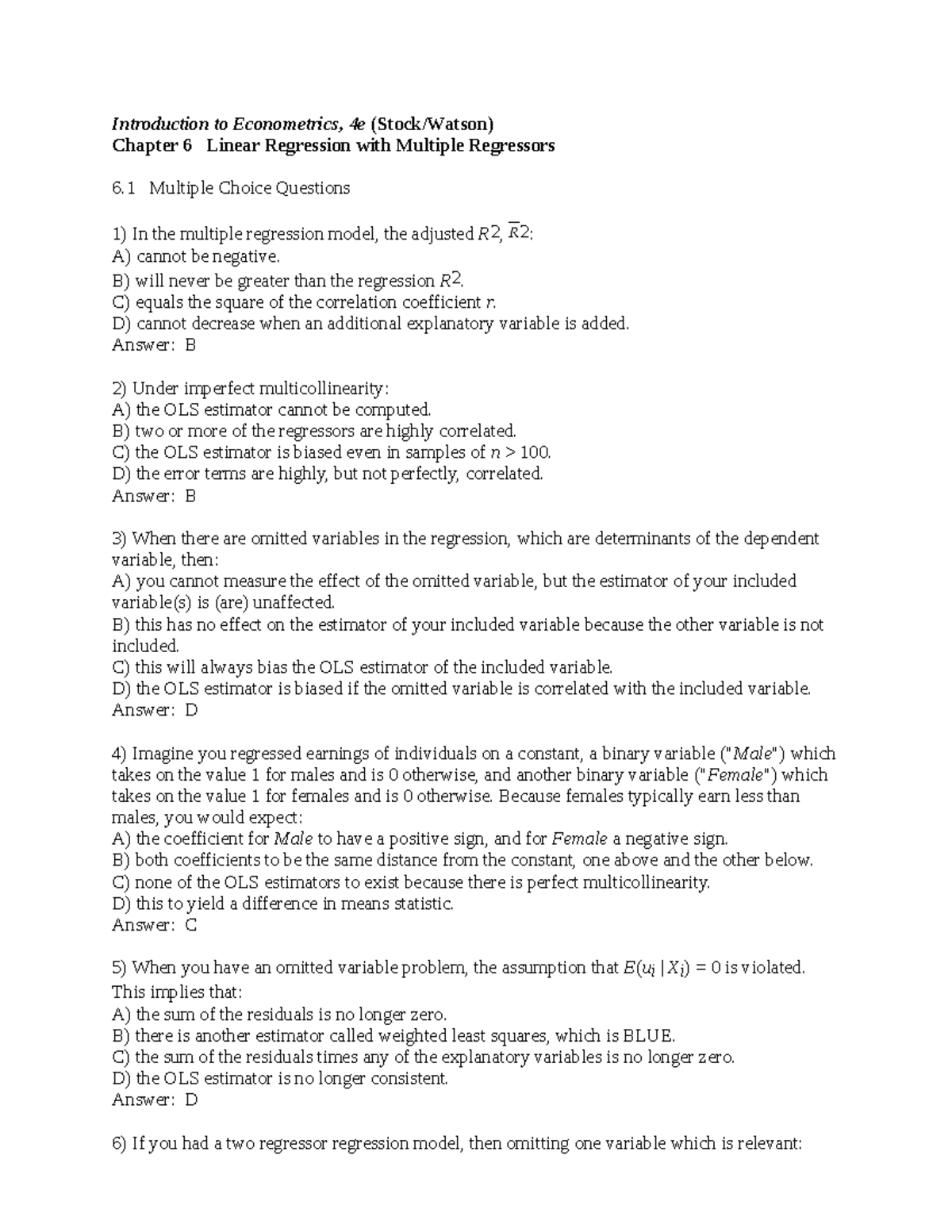 Chapter 6 - Linear Regression with Multiple Regressors Overview Notes ...