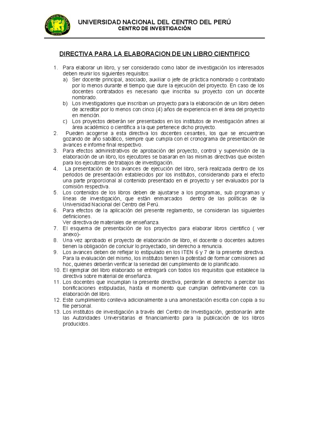 Directiva para la Elaboración de Libro Científico - UNCP - Studocu