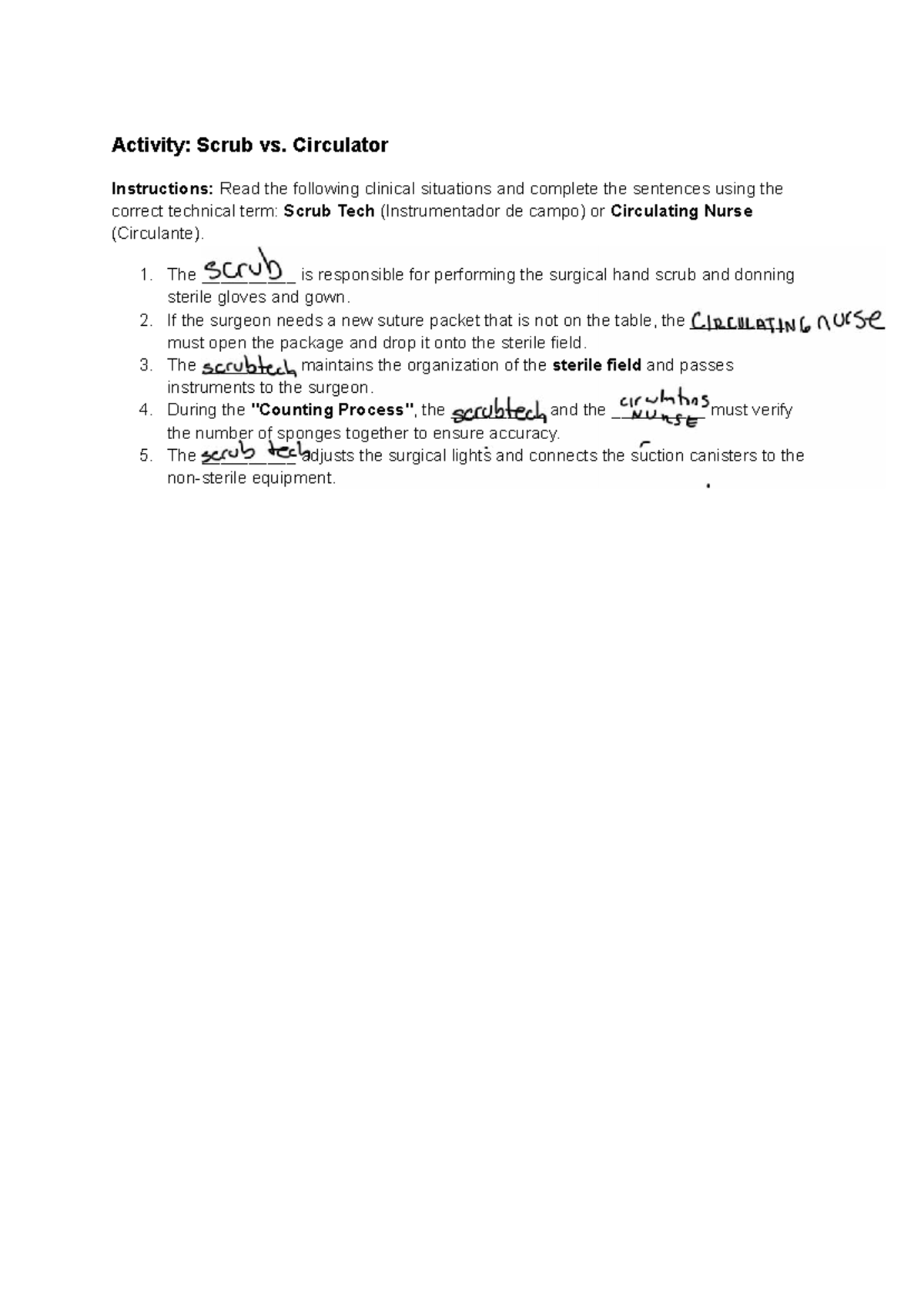 Activity: Scrub vs. Circulator Roles in Surgery Instructions - Studocu
