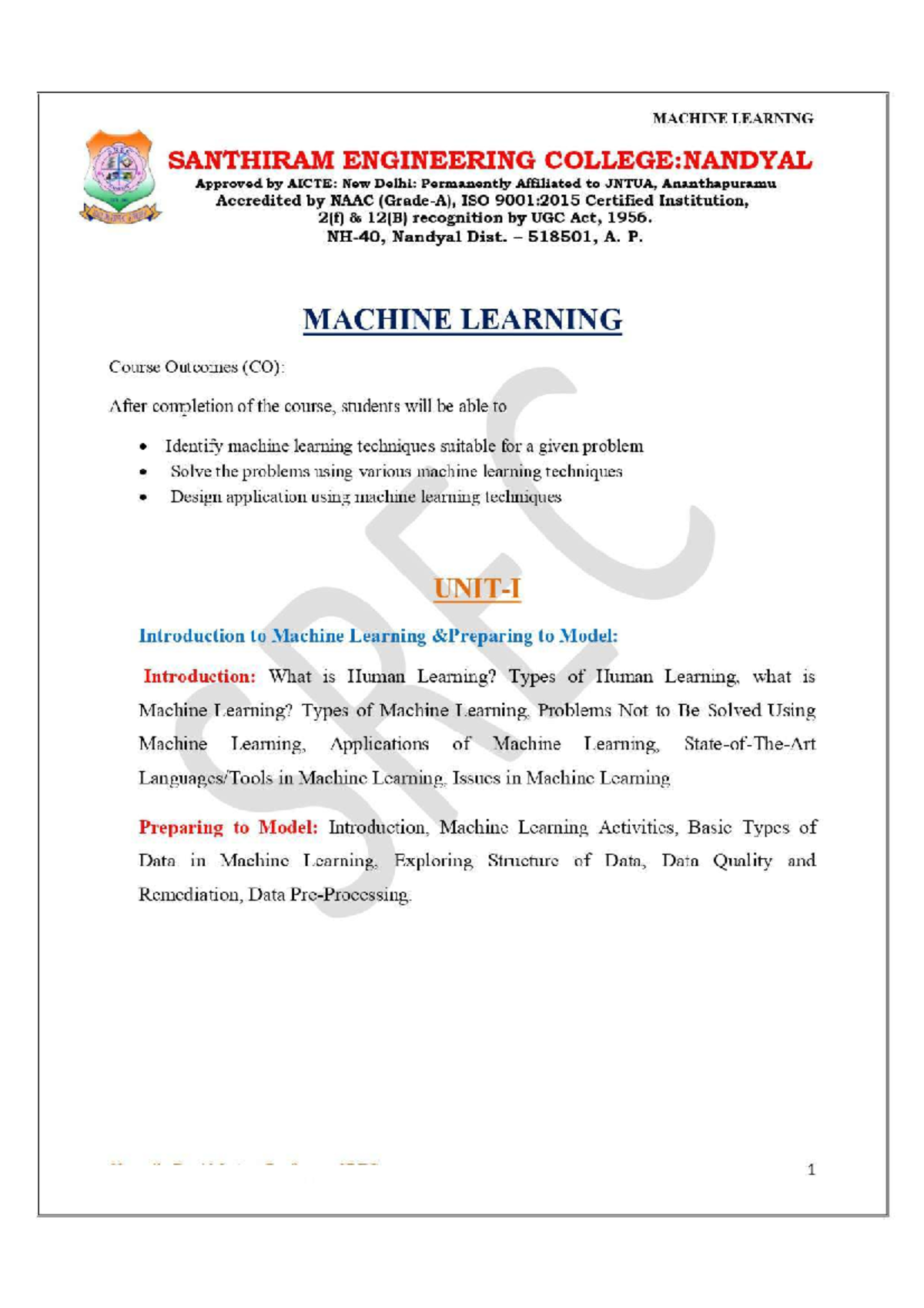 MACHINE LEARNING (ML) UNIT-IV: Comprehensive Study Notes - Studocu