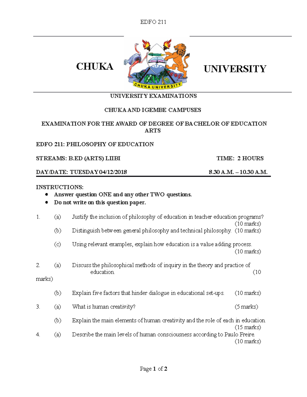 EDFO 211 - Final Exam Guide: Philosophy of Education Concepts - Studocu