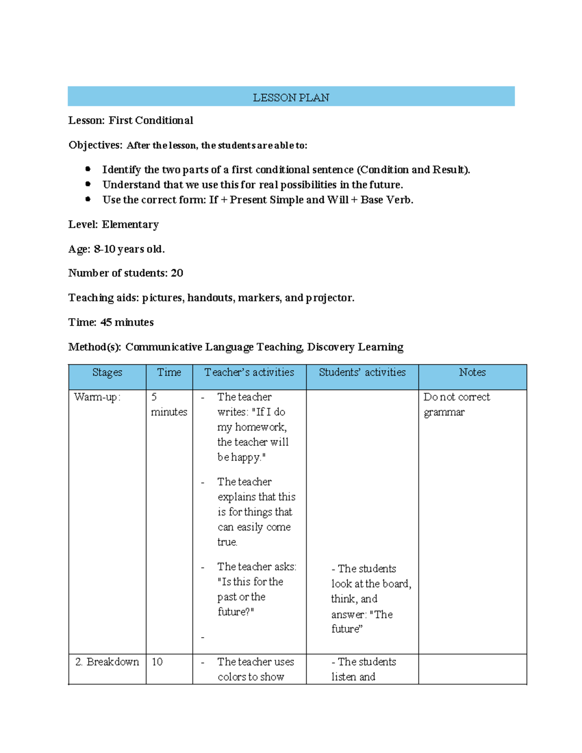 First Conditional Lesson Plan - THÙY LINH - Studocu