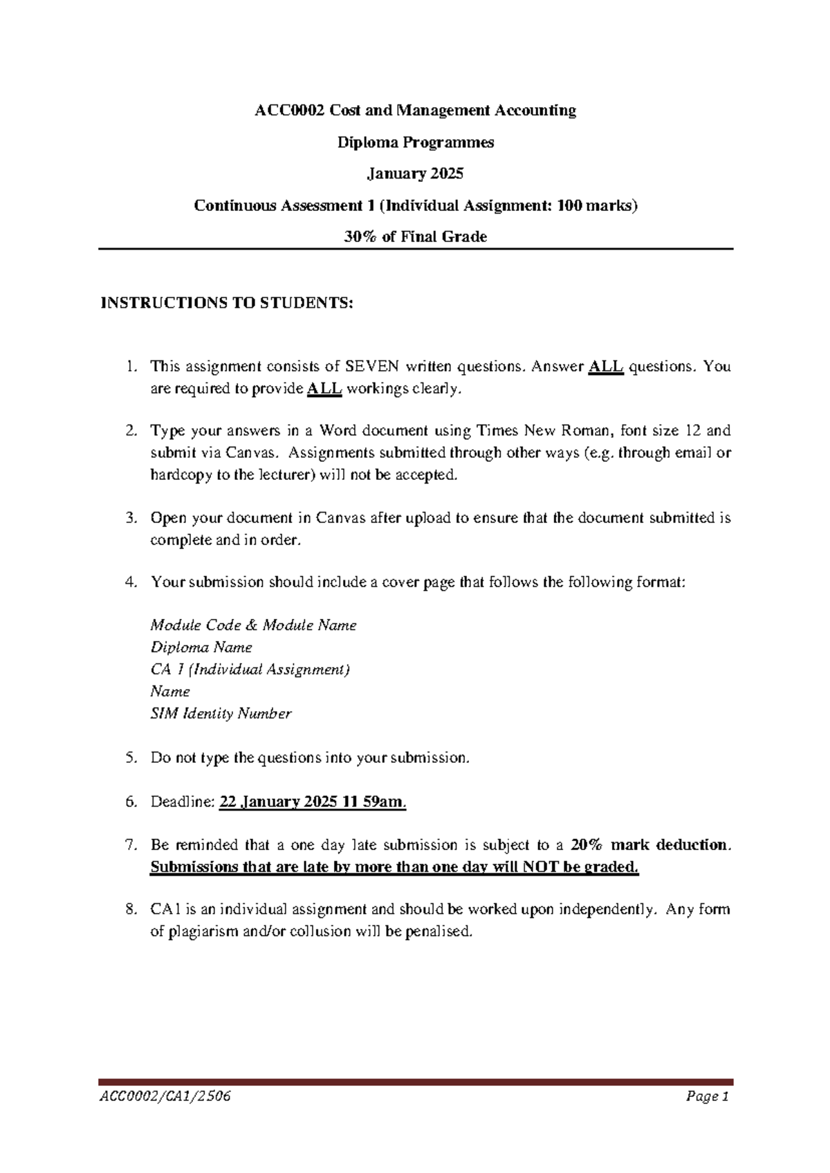 ACC0002 CA1 - Management Accounting Individual Assignment Instructions ...