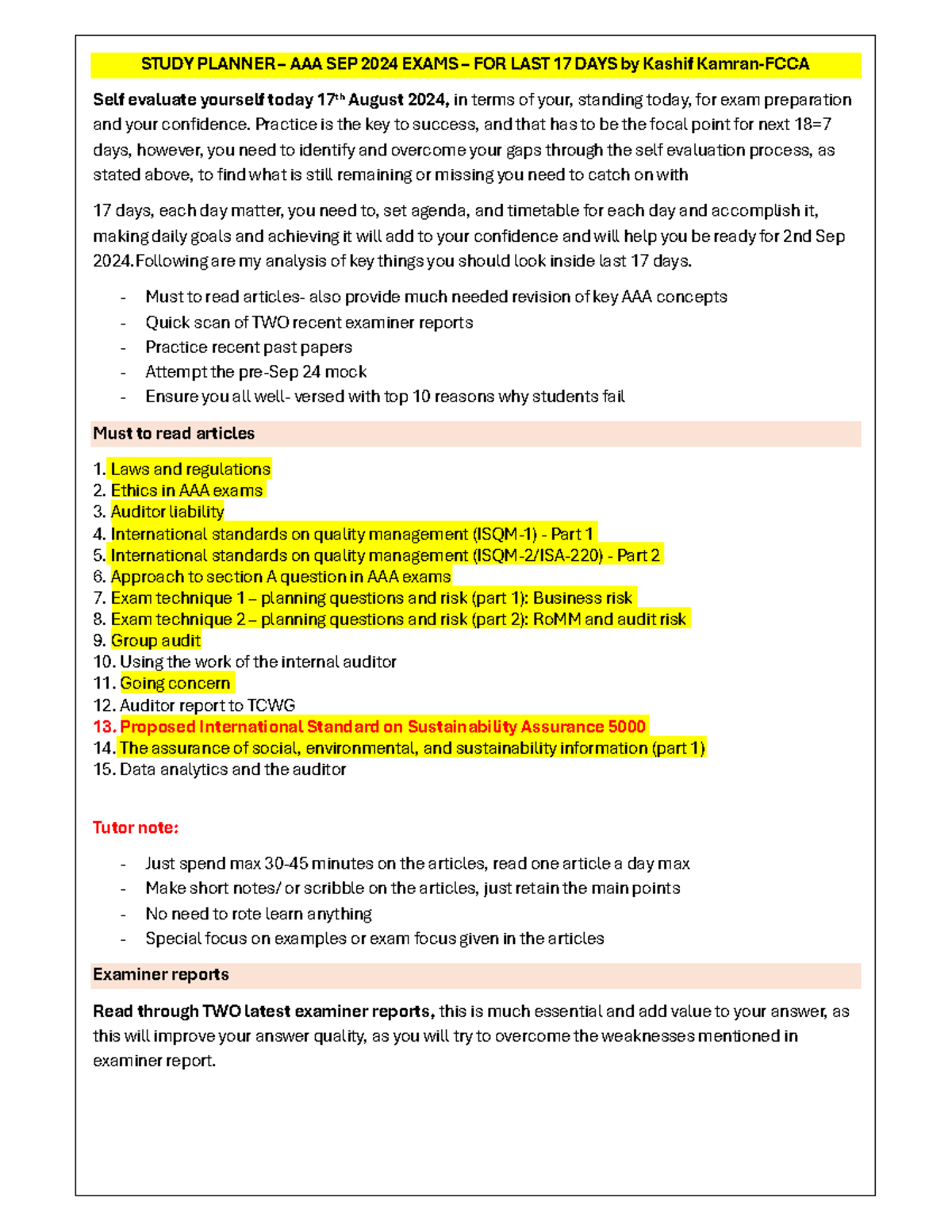 AAA Exam strategy for 17 days for Sep 24 exams by Kashif Kamran - STUDY ...