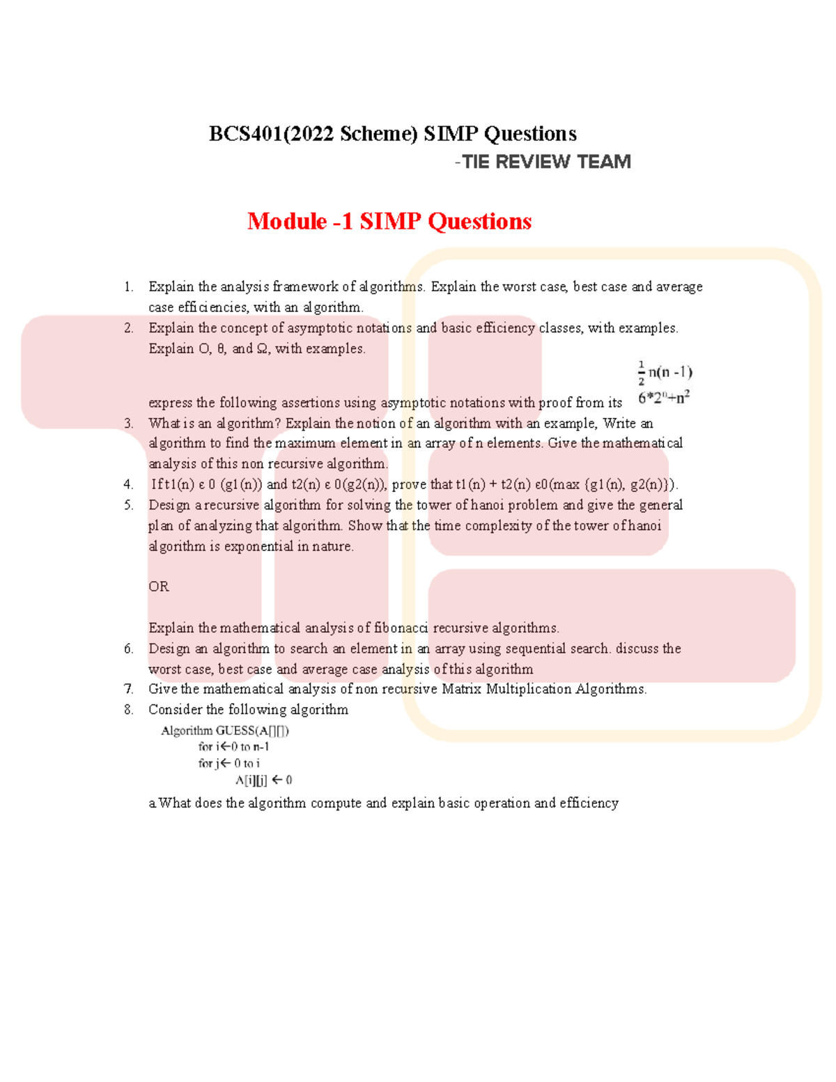 Tie imp quesstions - ada - BCS401(2022 Scheme) SIMP Questions - TIE ...