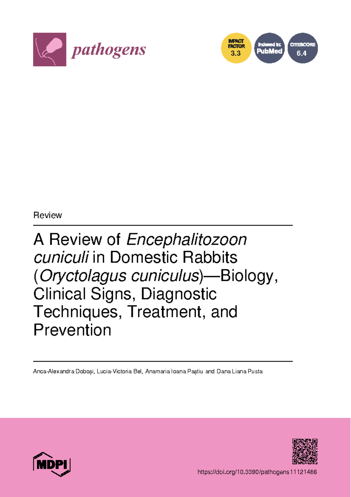 A Review of Encephalitozoon cuniculi in Domestic Rabbits (Pathogens 11 ...