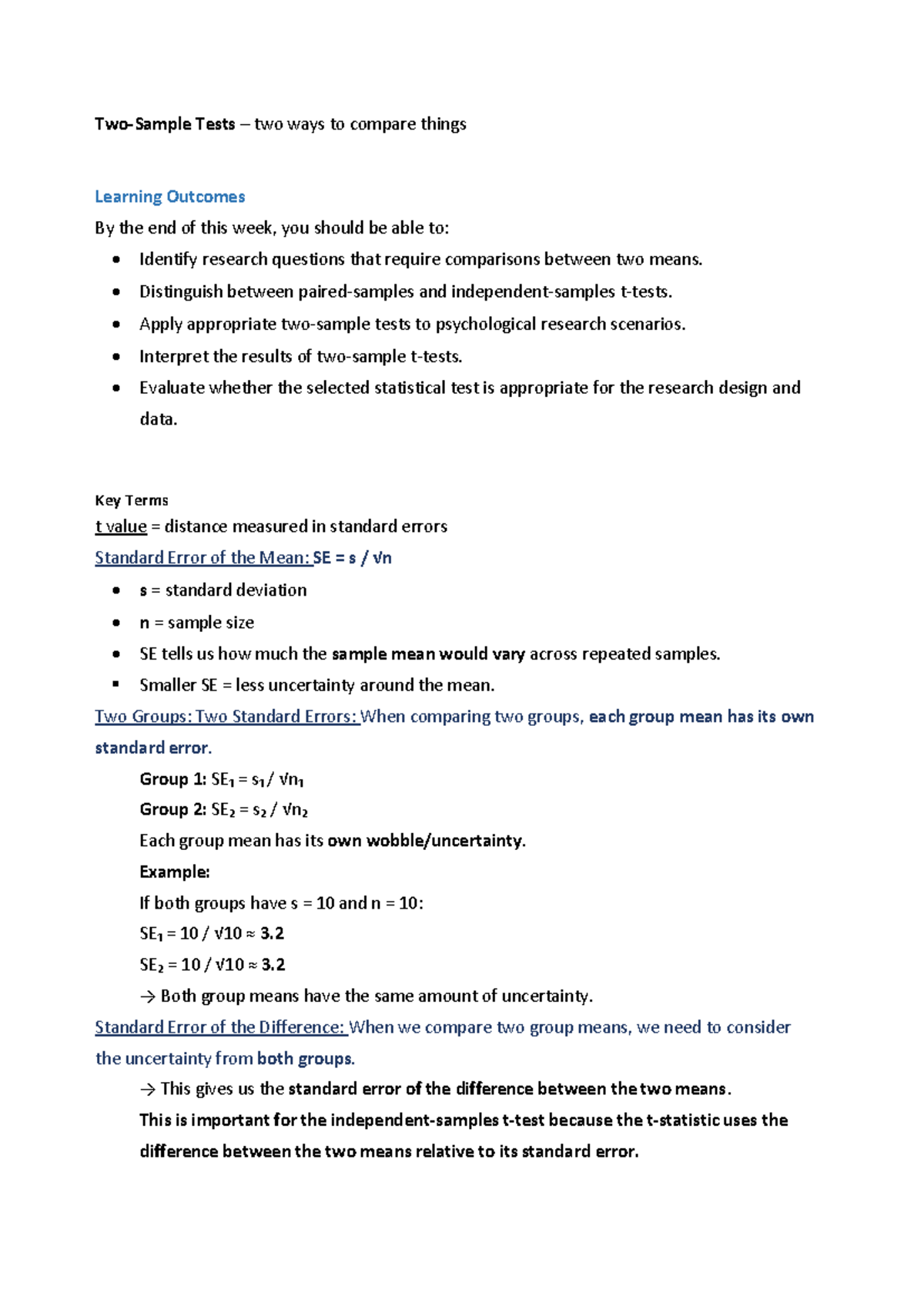 Two Sample t-Tests: Comparing Means in Psychological Research - Studocu