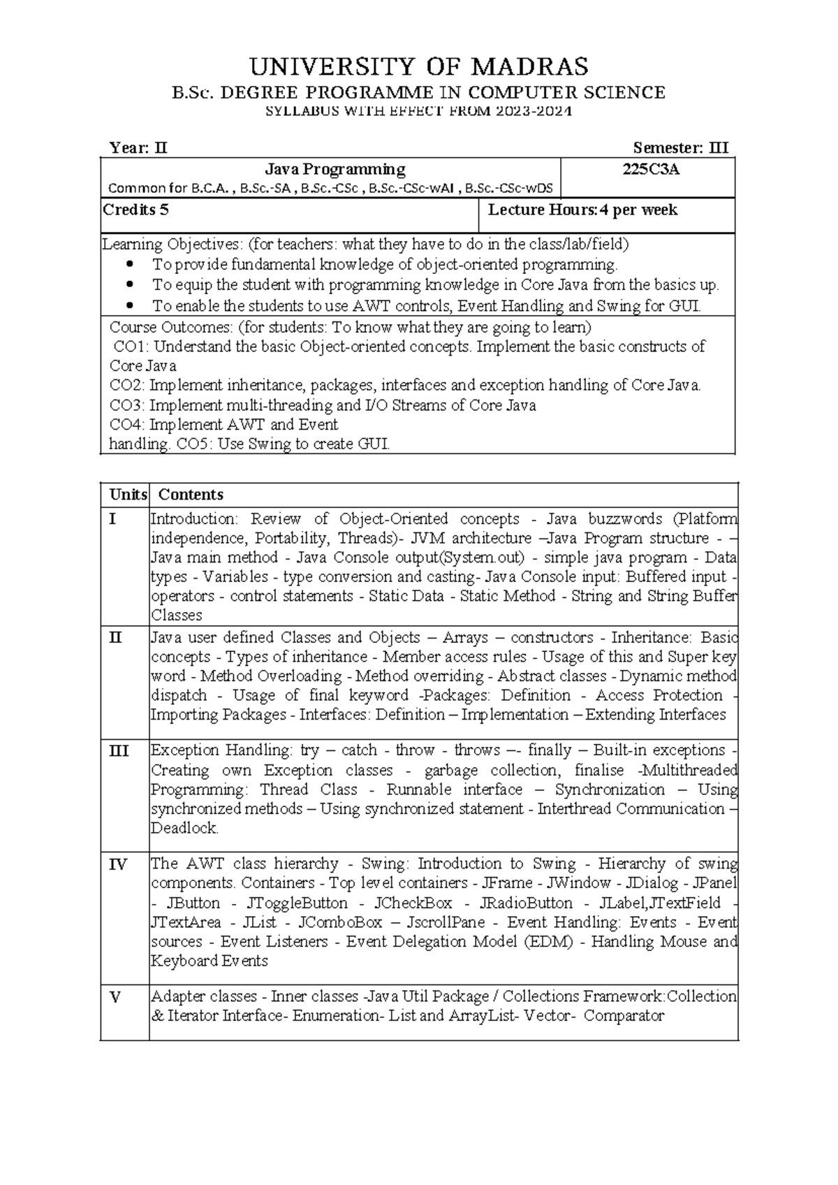 Java Programming Syllabus Summary - B.Sc. 225C3A (2023) - Studocu