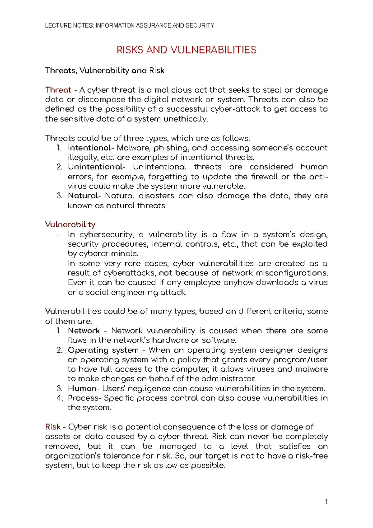 Risks and Vulnerabilities - IAS101 Week 8 Lecture Notes Summary - Studocu