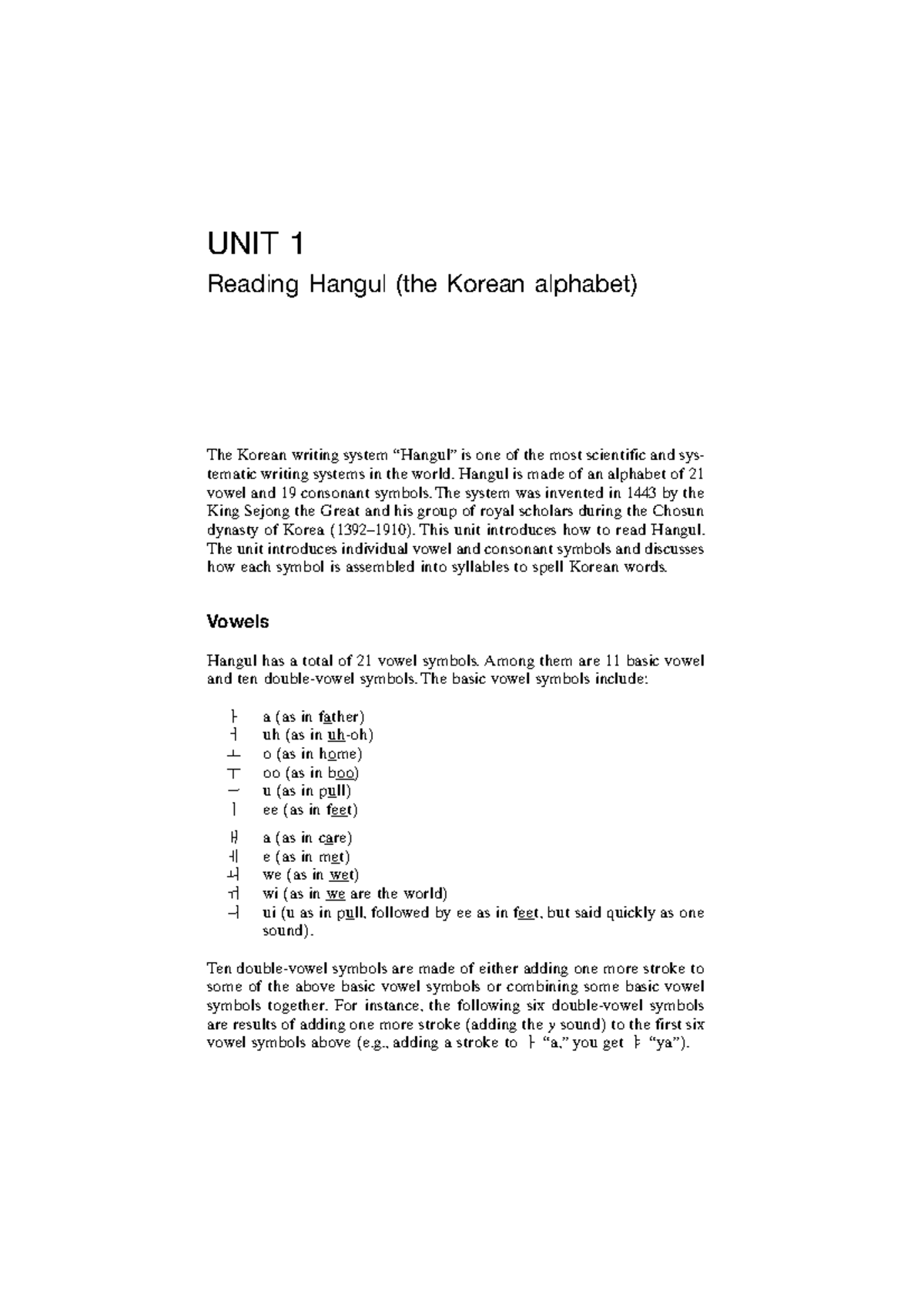 Unit 1 basic korean Language - UNIT 1 Reading Hangul (the Korean ...