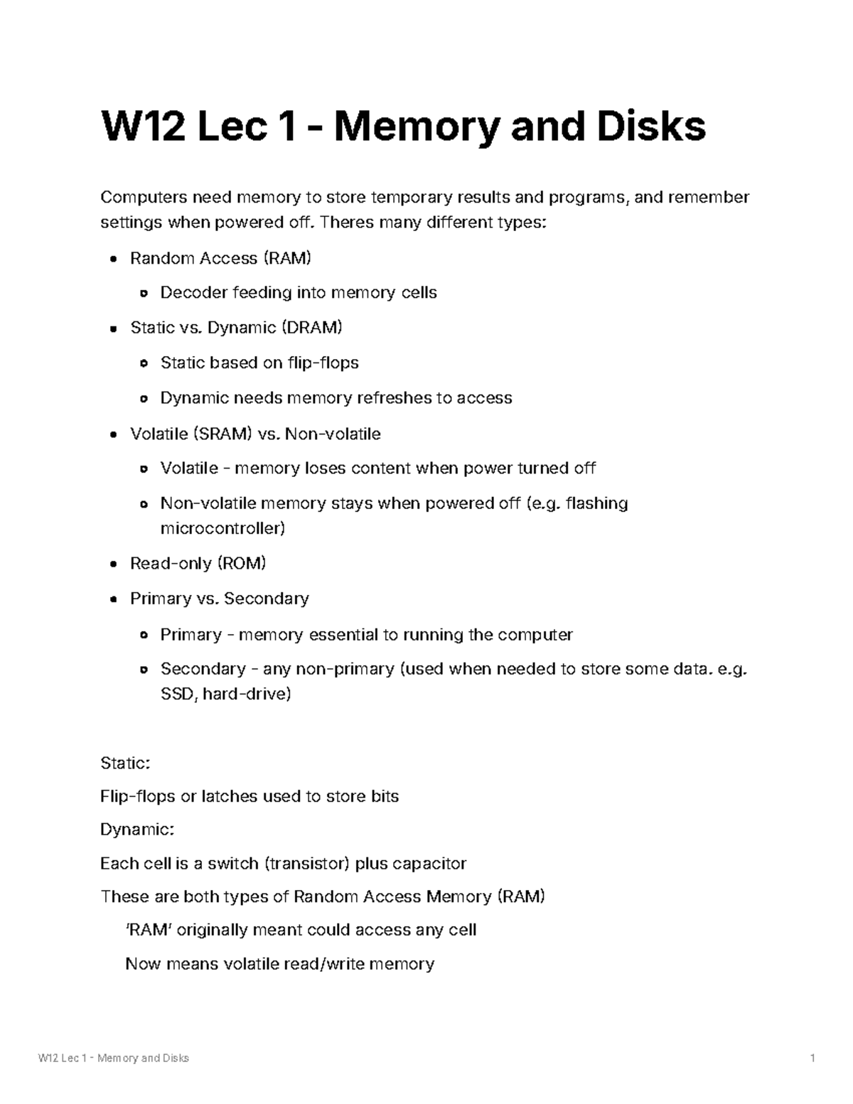 W12 Lec 1: Understanding Memory Types and Disk Access Times - Studocu