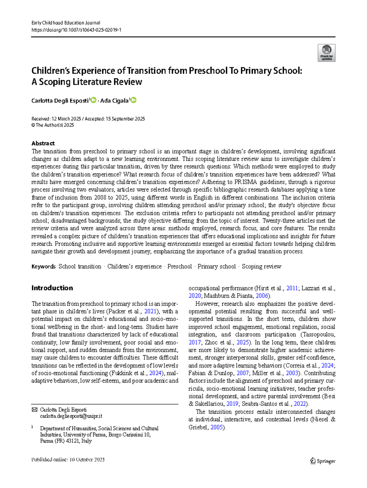 S10643 Early Childhood Education: Transition from Preschool to Primary ...