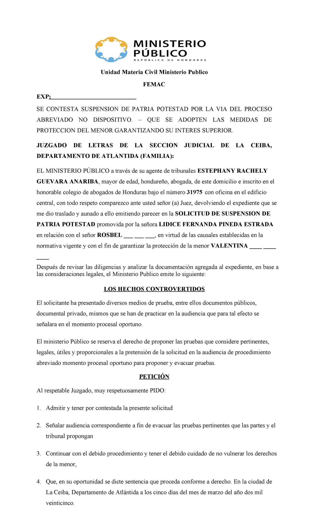 Ministerio Publico - Unidad Materia Civil Ministerio Publico FEMAC EXP ...