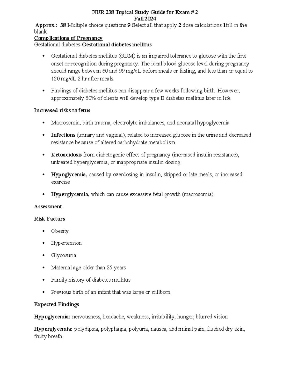 NUR 238 Exam 2 Study Guide: Complications of Pregnancy Overview - Studocu