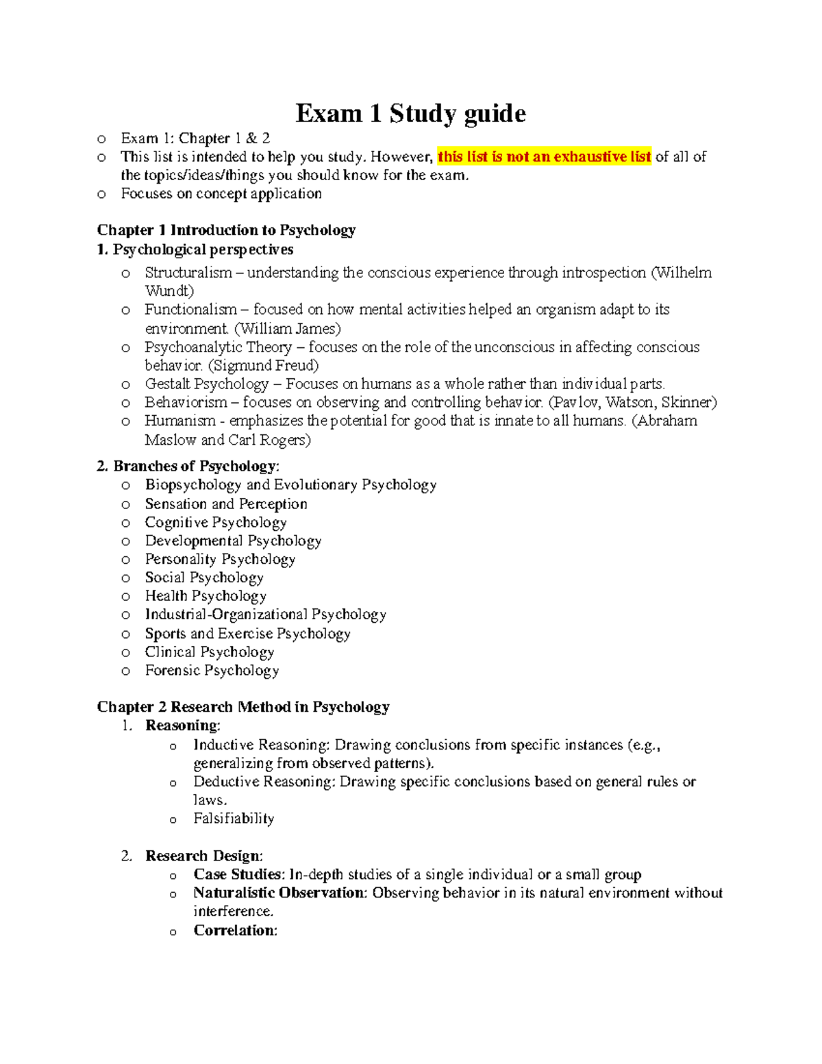 Exam 1 Study Guide: Chapters 1 & 2 - Intro to Psychology - Studocu