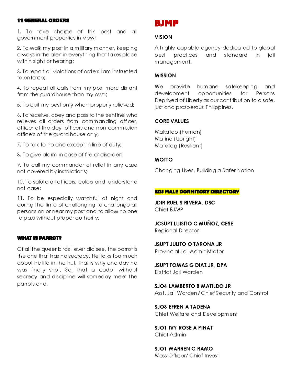 11 General Orders and Core Values of BJMP Operations - Studocu