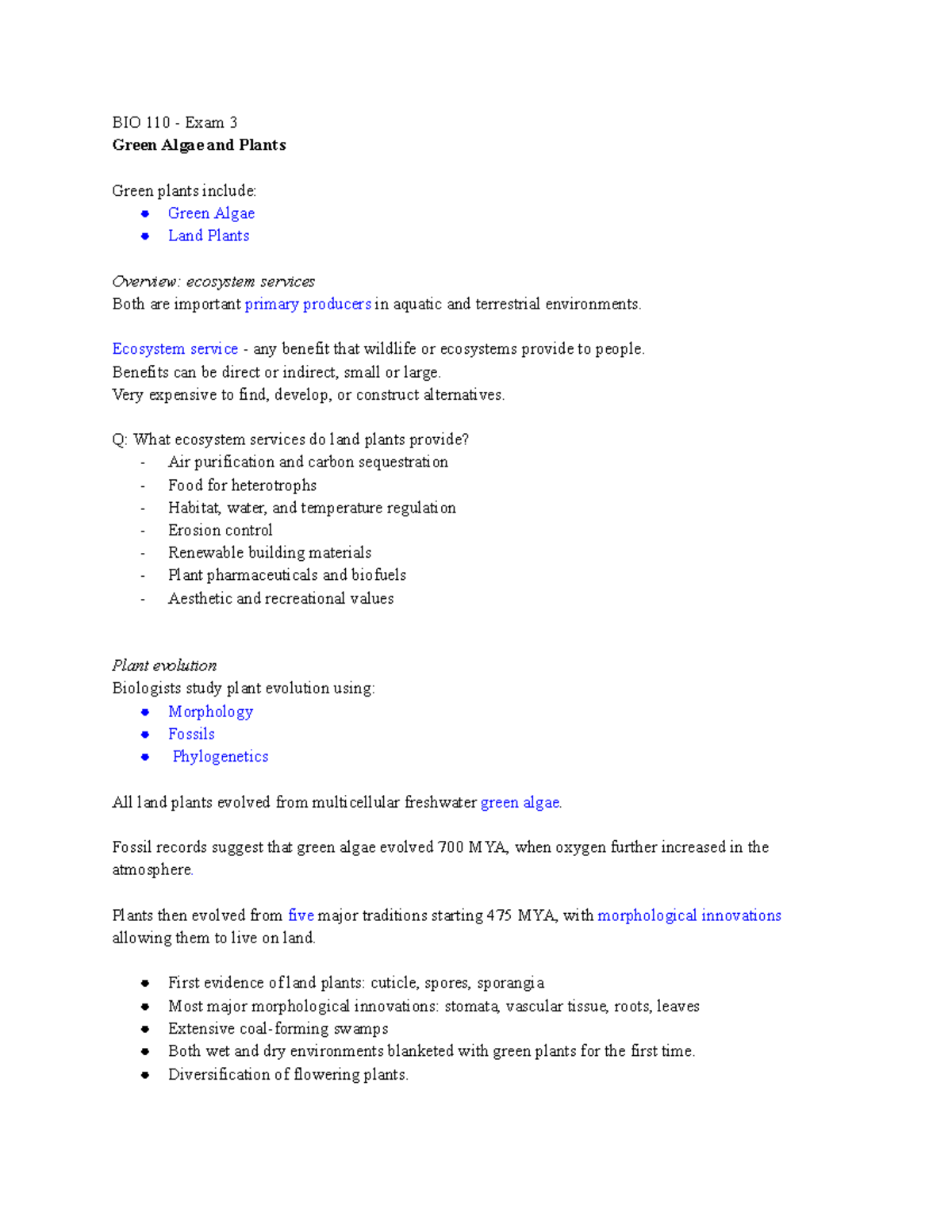 BIO 110 - Exam 3 Study Notes: Plant and Animal Evolution - BIO 110 ...