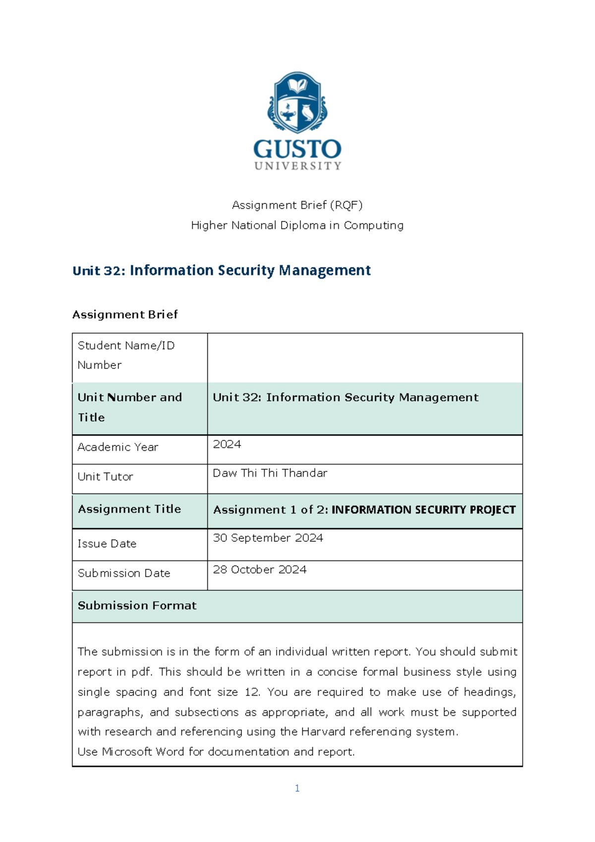 HND 50 Unit-32 ISM Assignment 1: Information Security Project Brief ...