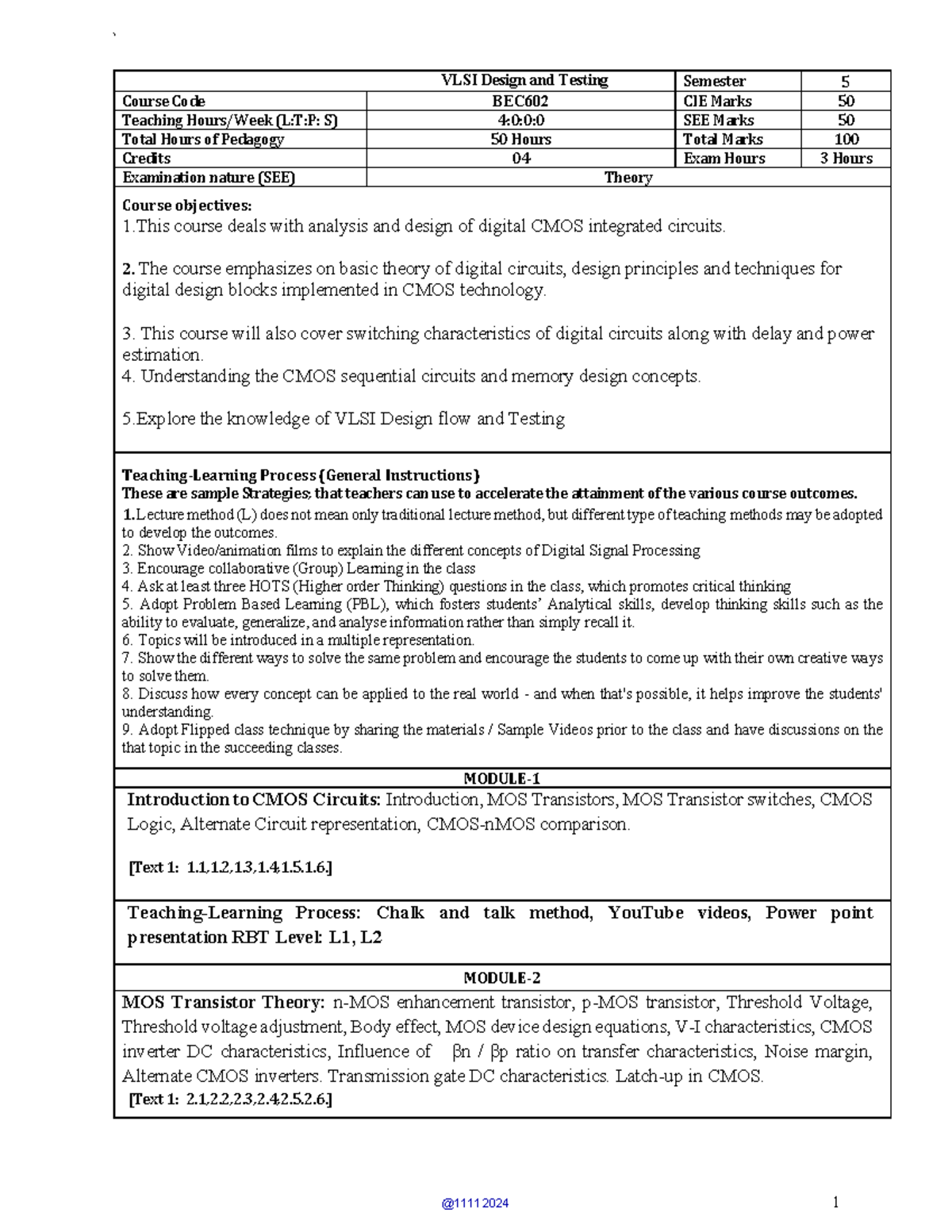 VLSI Design and Testing Syllabus BEC602 - Course Overview and ...