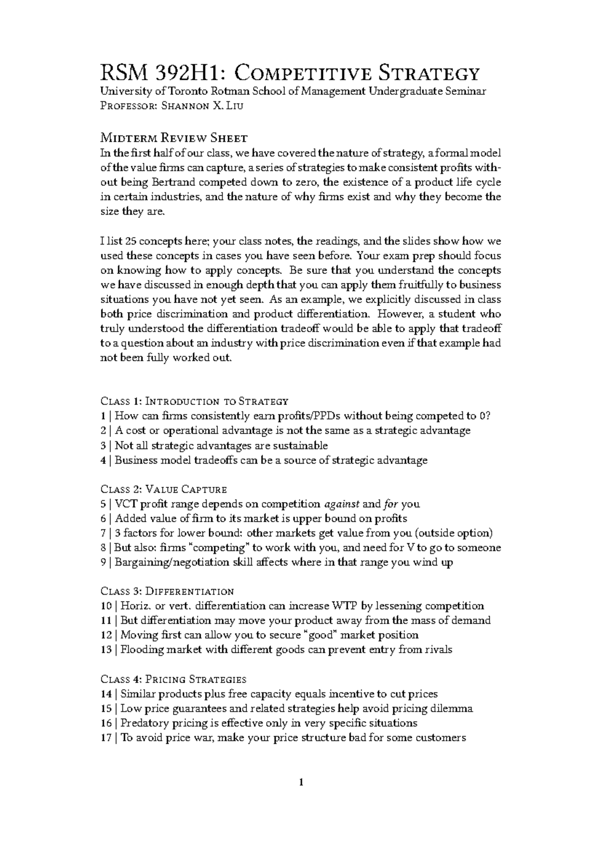 Midterm Review Sheet: RSM 392H1 Competitive Strategy Insights - Studocu