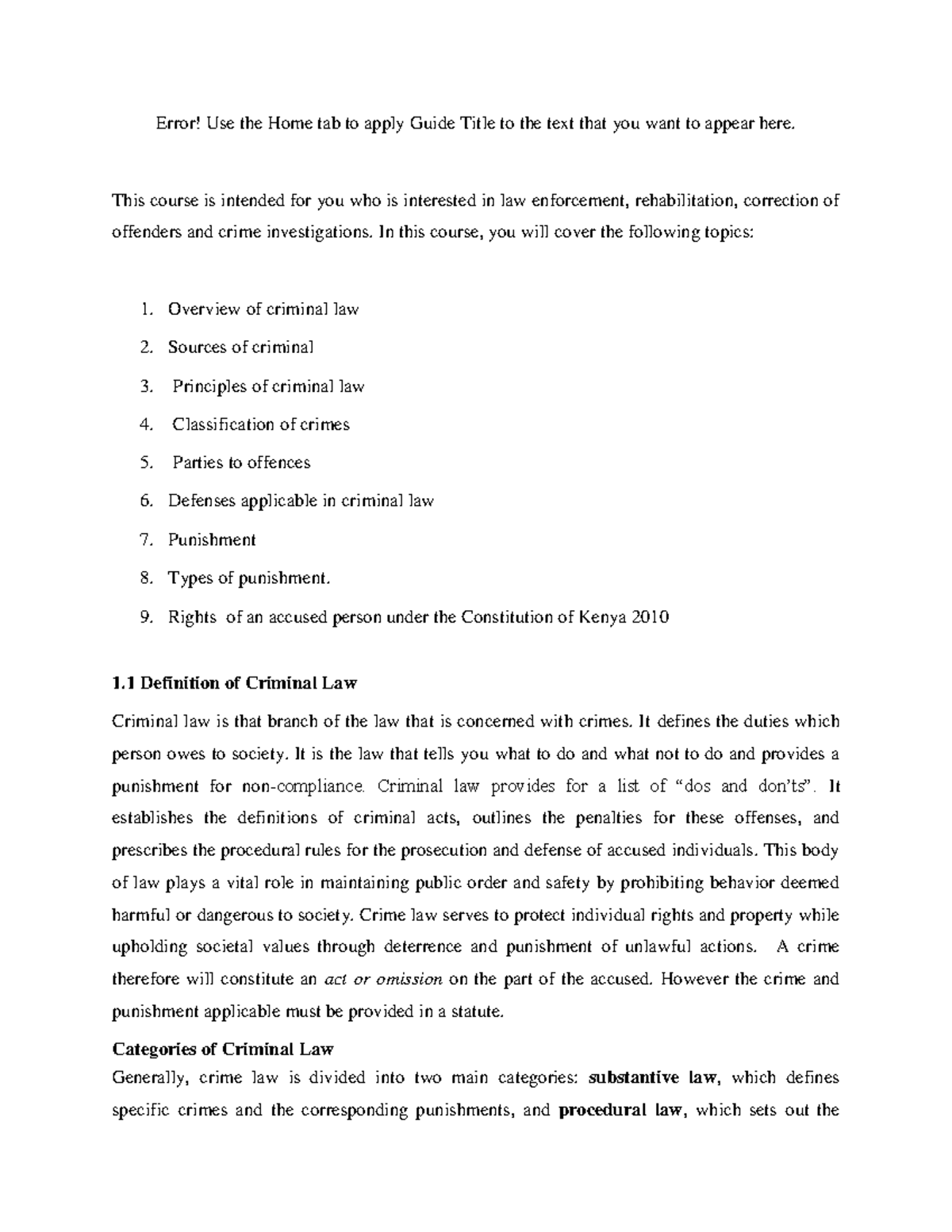 Criminal Law Overview: Topics 1-6 for Course Code CL101 - Studocu