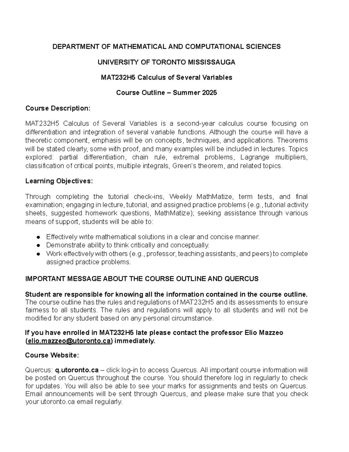 MAT232H5 Calculus of Several Variables Course Outline - Summer 2025 ...