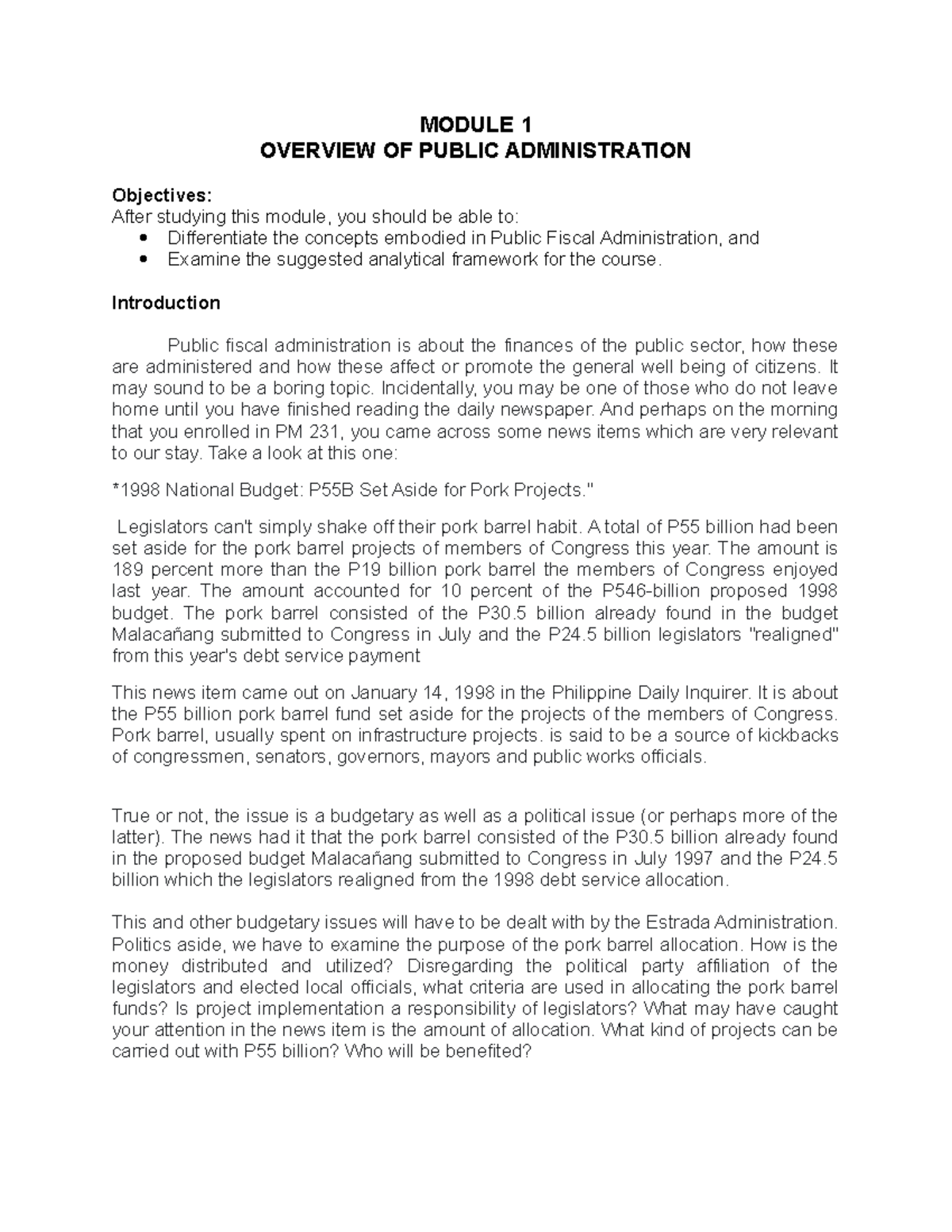PM 231 Module 1: Insights into Public Fiscal Administration - Studocu