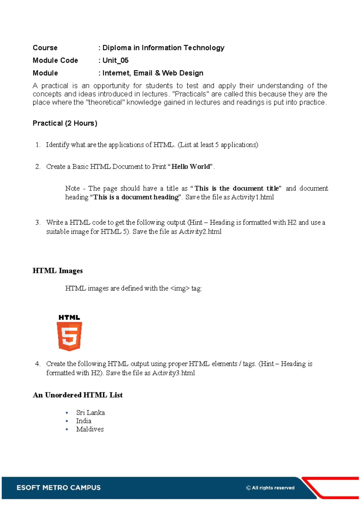 Diploma in IT Unit_05 Practical: HTML Applications & Document Creation ...