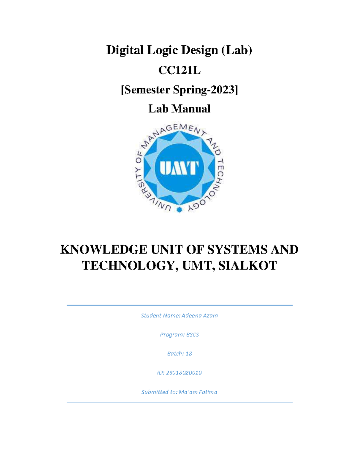 Digital Logic Design Final - Digital Logic Design (Lab) CC121L ...