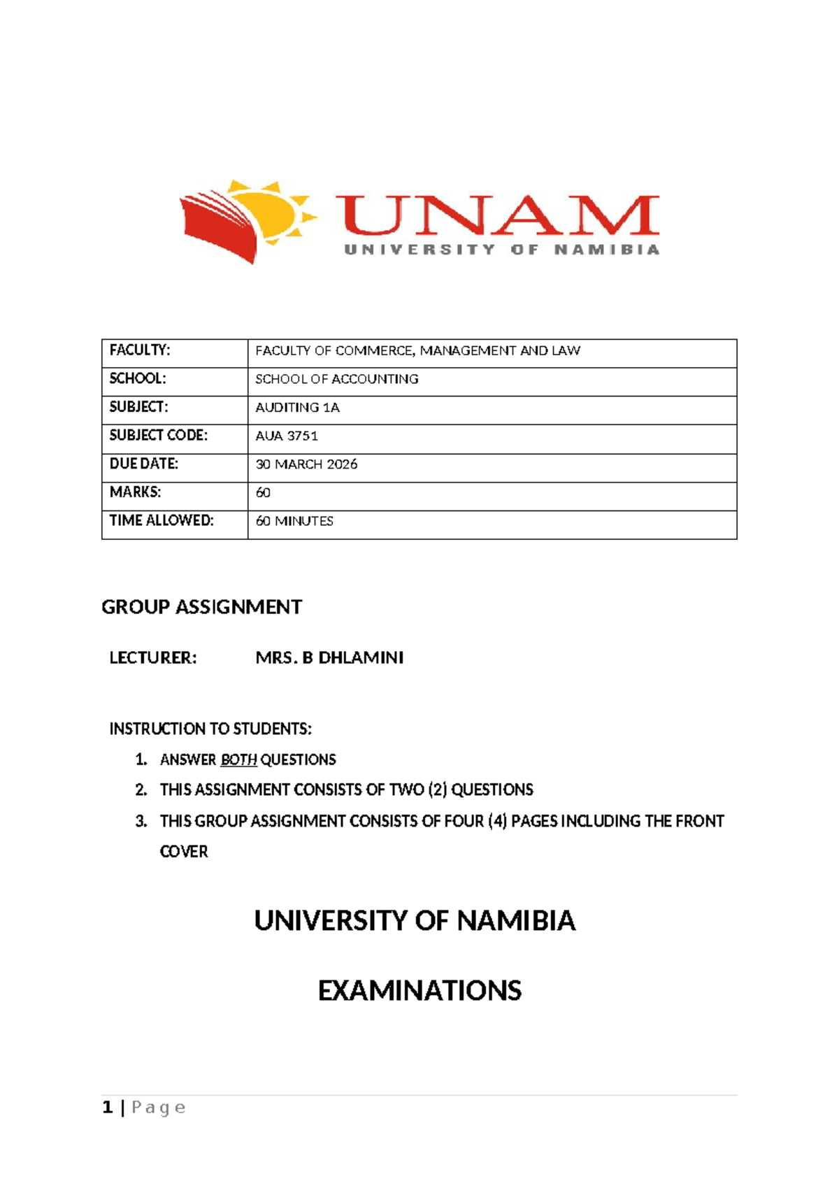 AUA 3751 Group Assignment: Auditing 1A Overview & Questions - Studocu