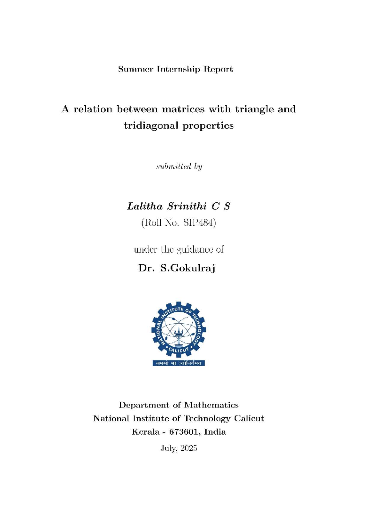 CS Summer Internship Report: Triangle and Tridiagonal Matrices - Studocu
