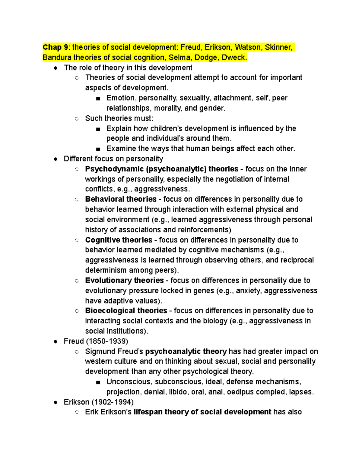 Child Development Notes: Theories of Social Development (Ch. 9) - Studocu