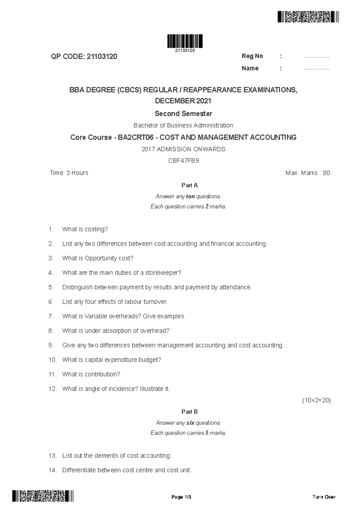 BBA 2nd Sem Cost & Management Accounting Final Exam QP 21103120 - Studocu